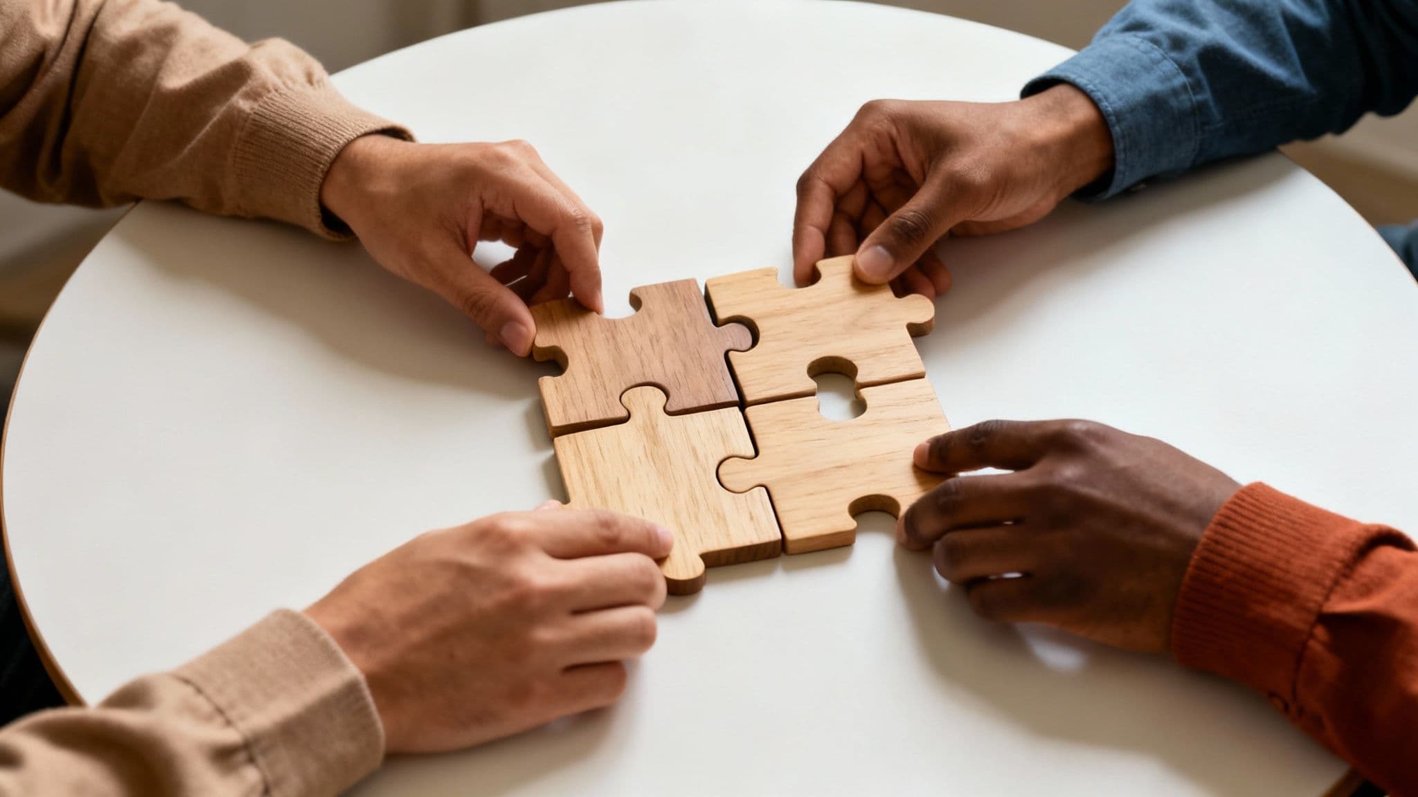 Four hands with diverse skin tones collaborating to assemble wooden puzzle pieces on a white table.