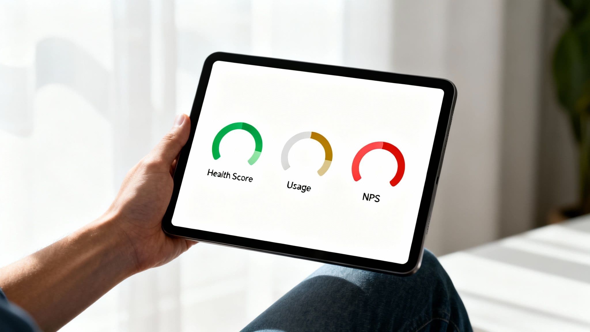 A person holds a tablet displaying a dashboard with health score, usage, and NPS gauges.