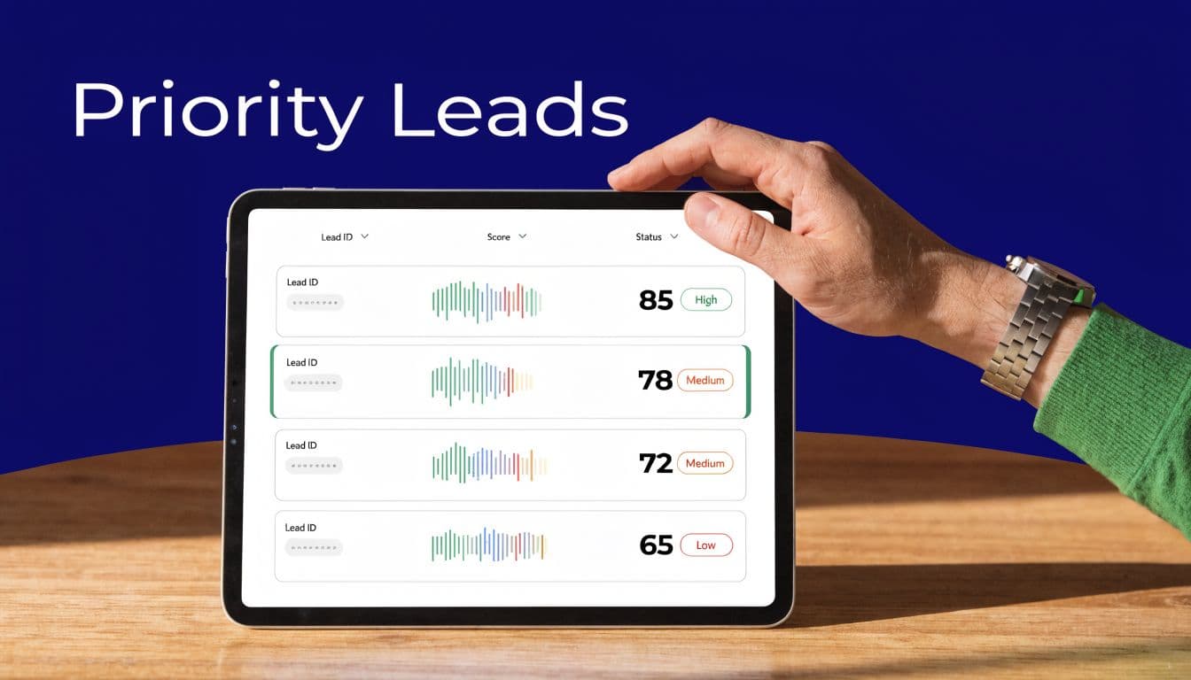 A hand holding a tablet displaying a priority leads dashboard with lead scores and statuses.