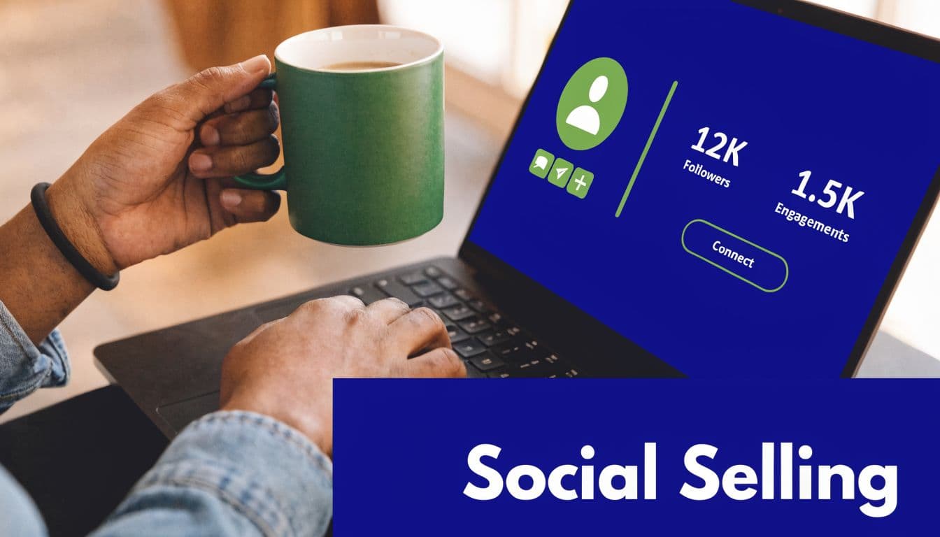 A person holding a coffee mug while working on a laptop displaying social media analytics dashboard.