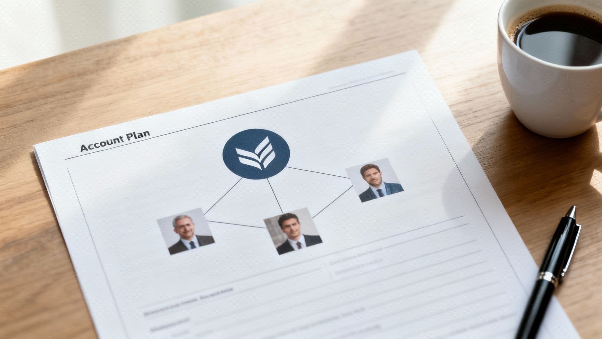 A printed 'Account Plan' document displaying an organizational chart with a logo and three male team members on a wooden desk.