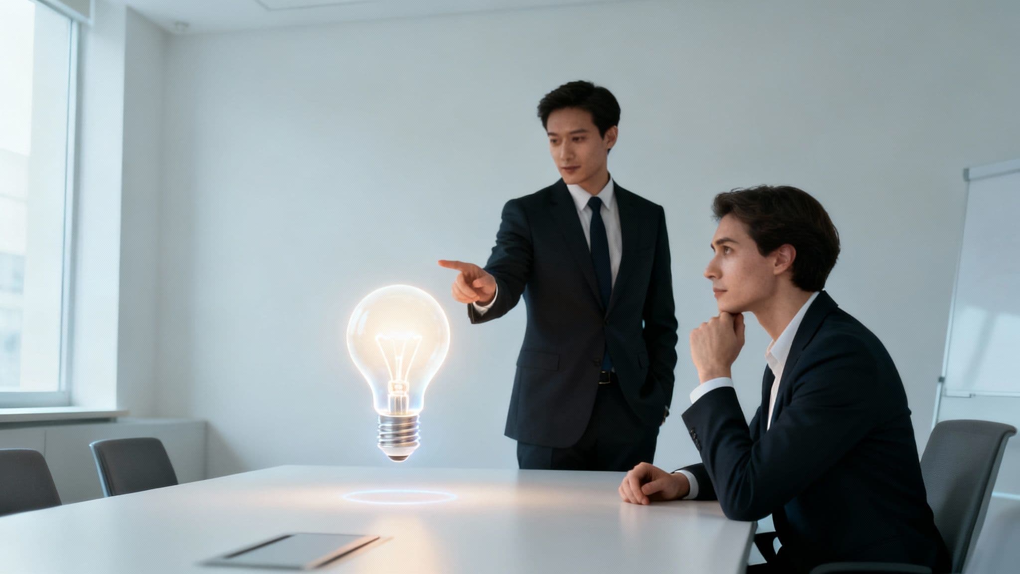 Two businessmen discussing a glowing light bulb, symbolizing a new idea in a meeting.