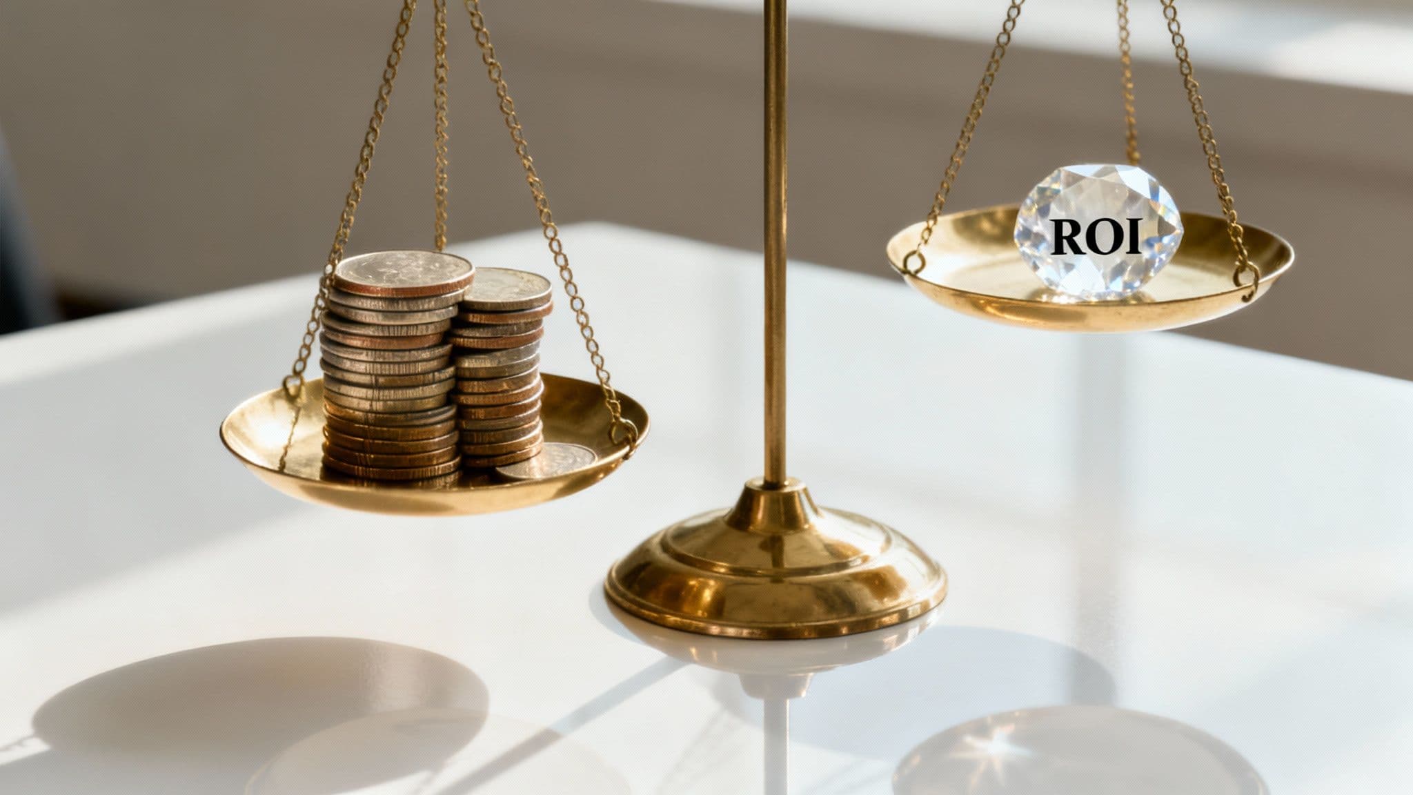 A balance scale with stacked coins on one side and a crystal with 'ROI' on the other, showing ROI outweighing money.