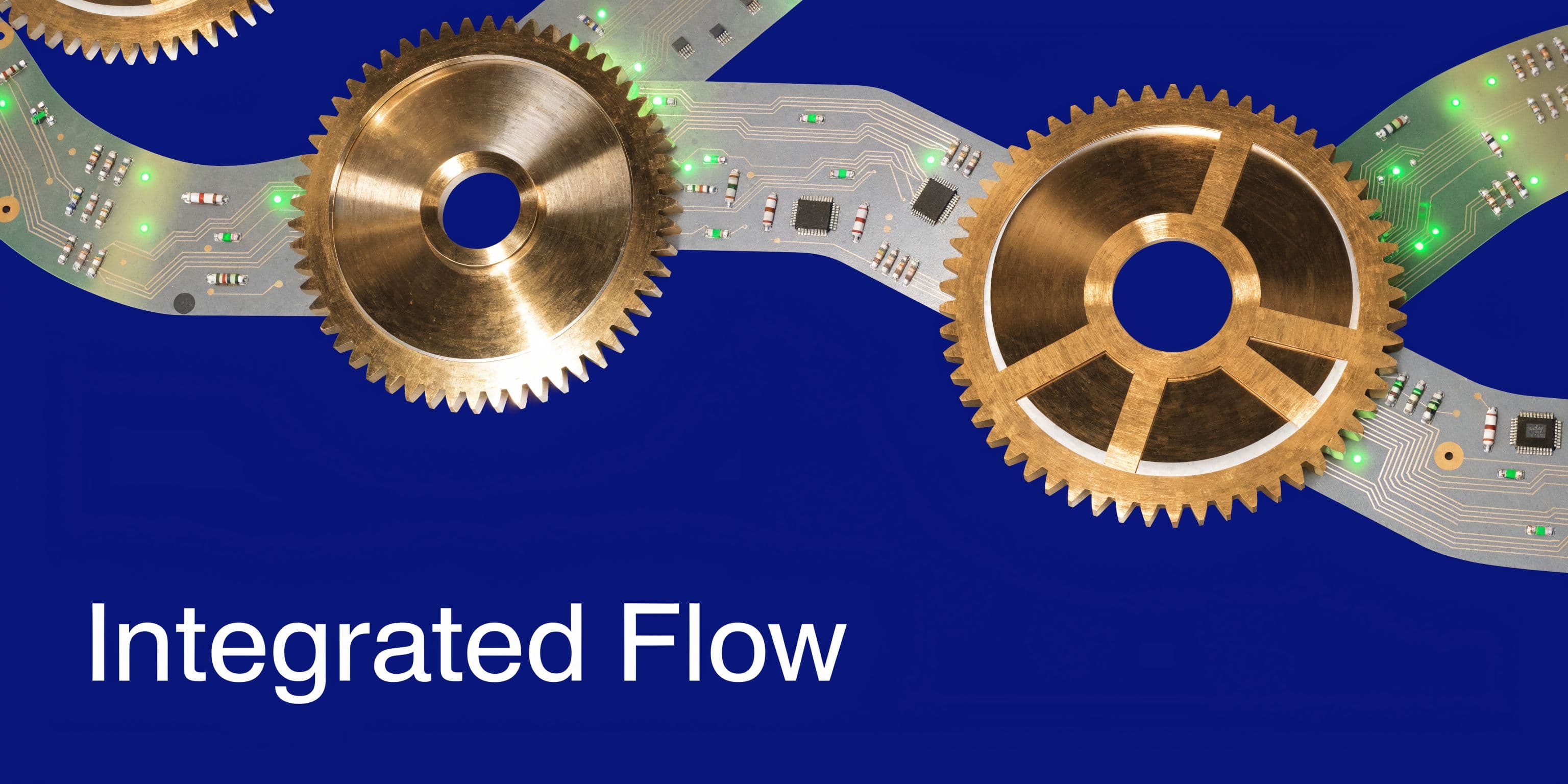 A digital graphic showing bronze mechanical gears merging with a modern green computer circuit board background.