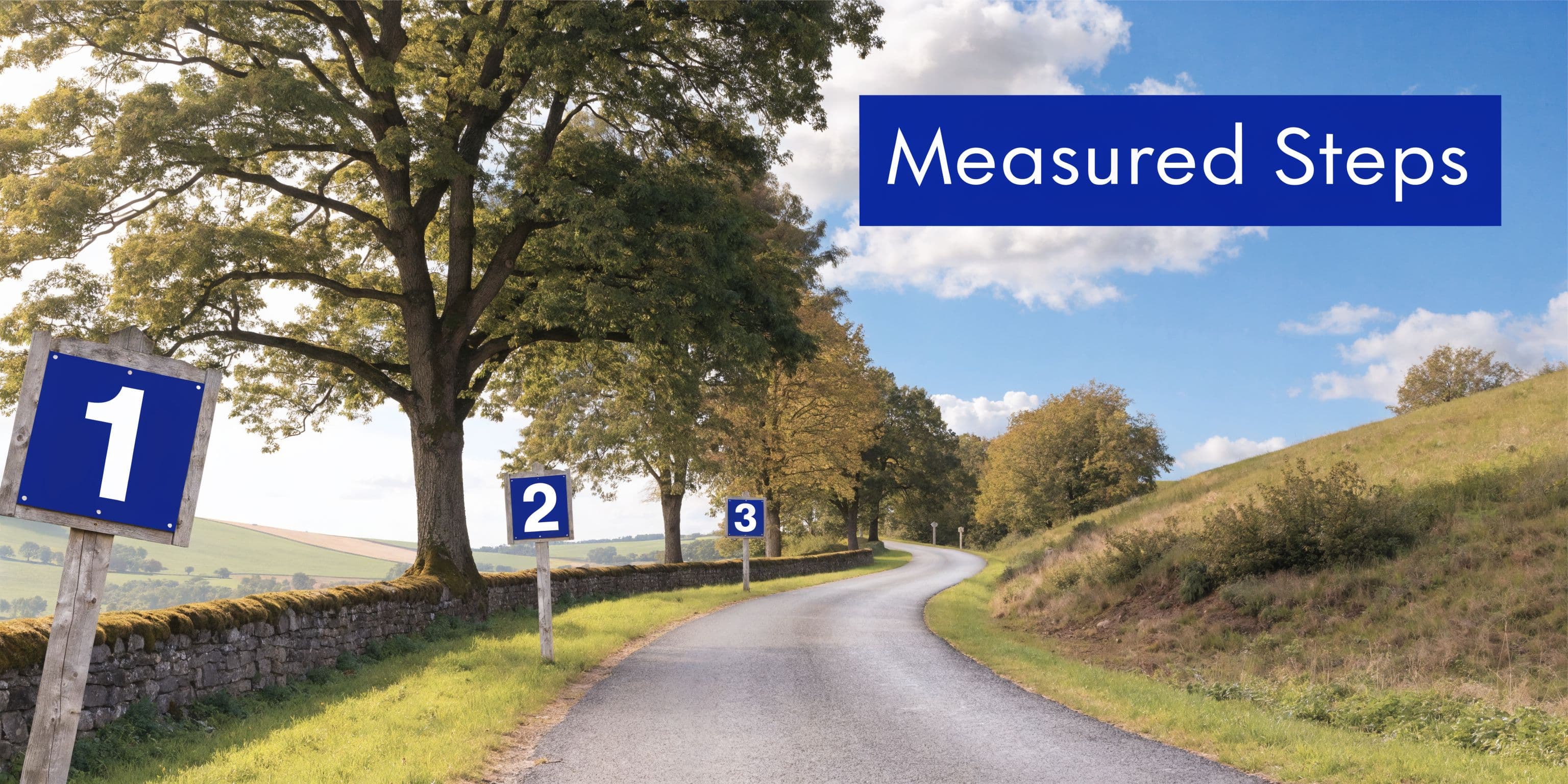 A scenic country road winding through rolling hills with three numbered signs indicating measured steps forward.