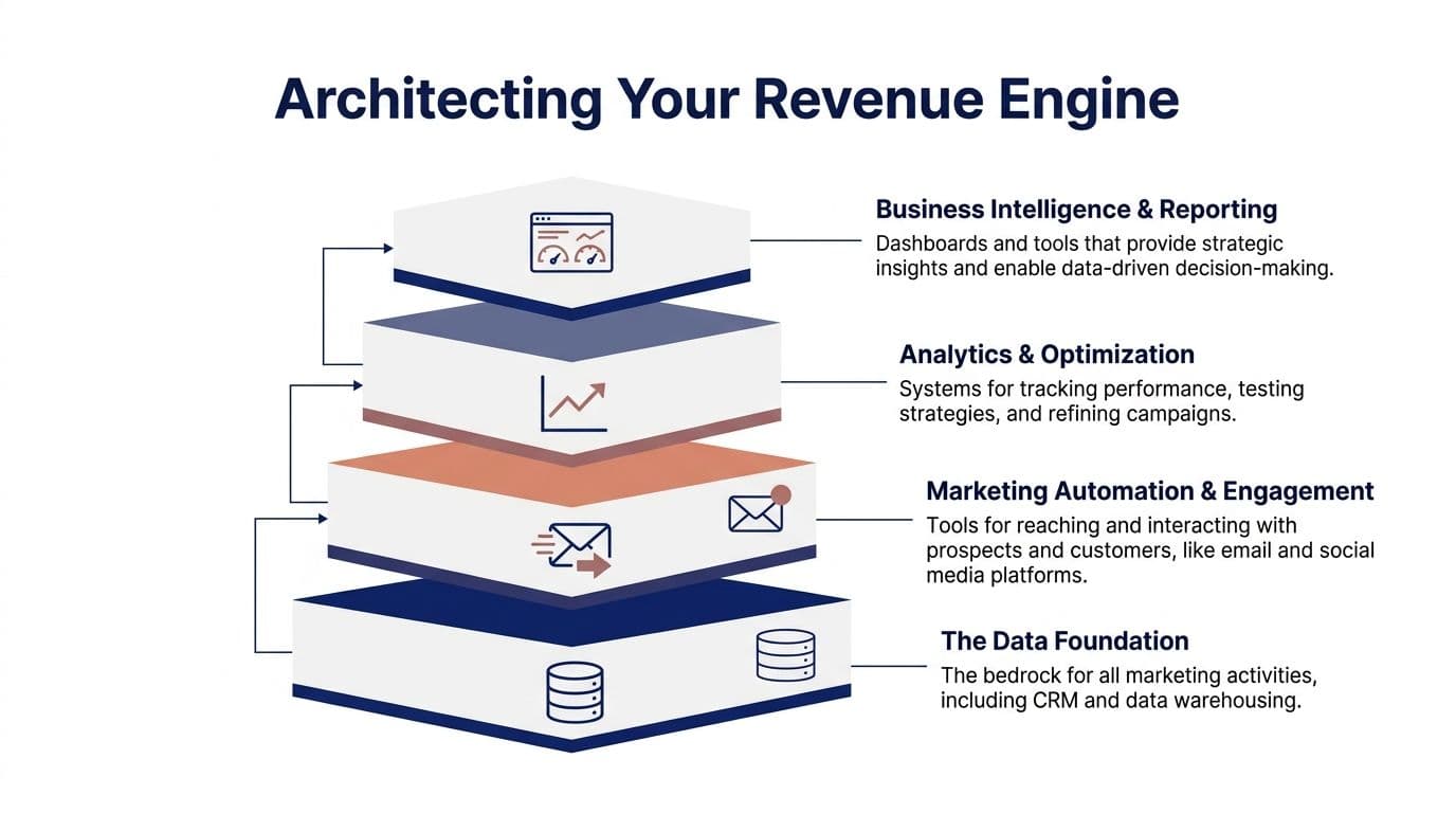 A diagram illustrating the four layers of a marketing technology stack for building a revenue engine.