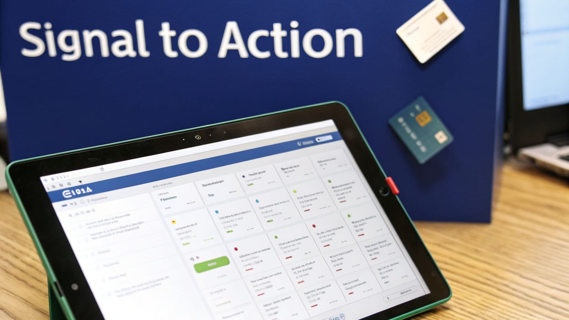 A tablet displaying a detailed data dashboard against a blue "Signal to Action" sign and smart cards.