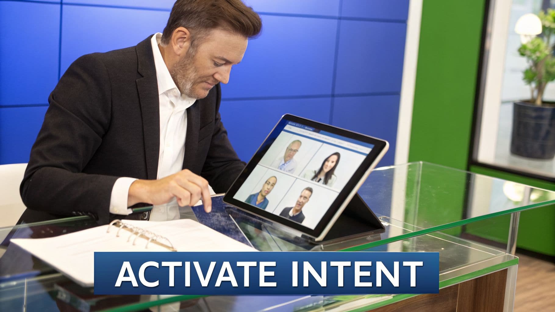 Businessman in a suit engaged in a video conference on a tablet, with open notebook on a glass desk.