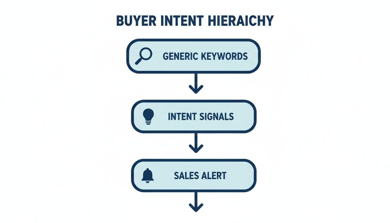 A flow chart illustrating buyer intent hierarchy from generic keywords to intent signals and sales alerts.