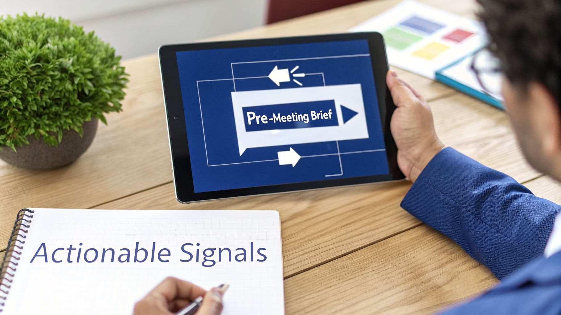 A person reviews a 'Pre-Meeting Brief' on a tablet, with 'Actionable Signals' written in a notebook.