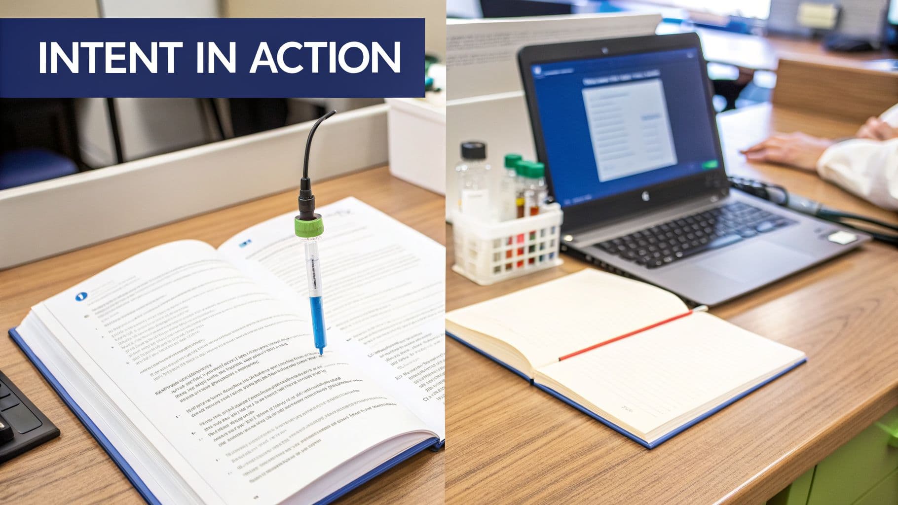 Two workspaces: one with a textbook and scientific probe, the other with a laptop and lab samples.