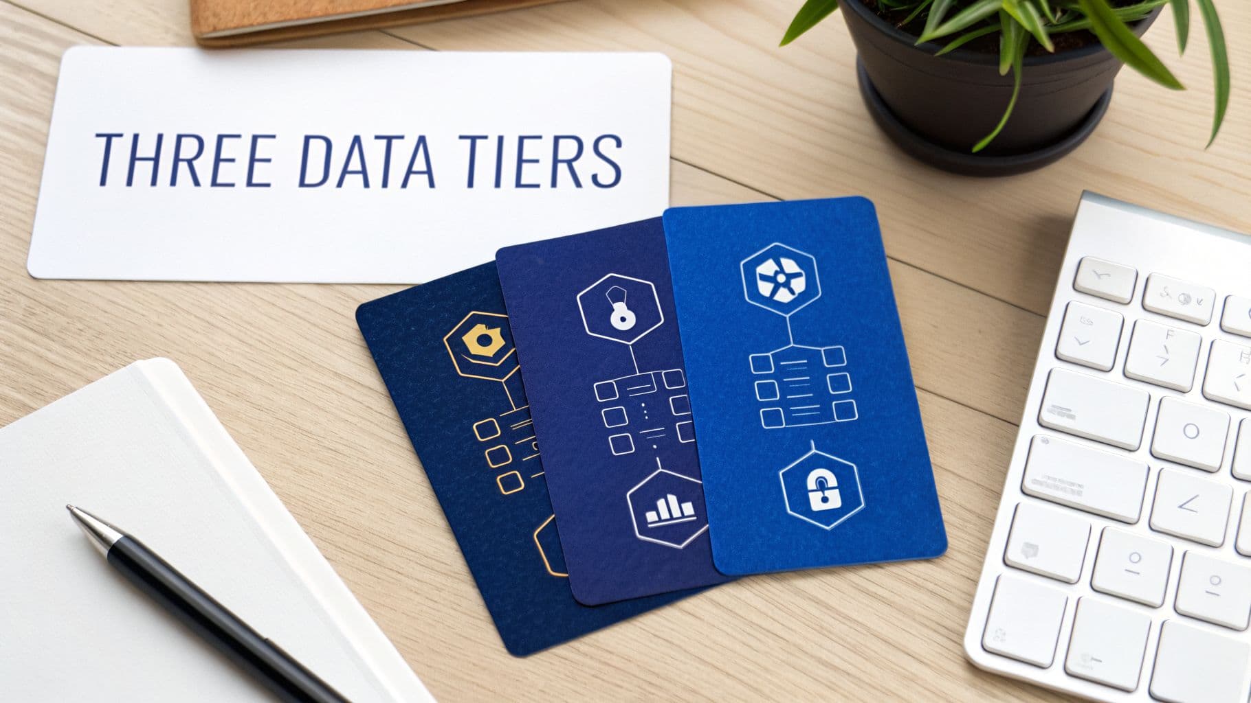 Overhead view of a white card with 'THREE DATA TIERS' text and three blue data tier cards on a wooden desk.