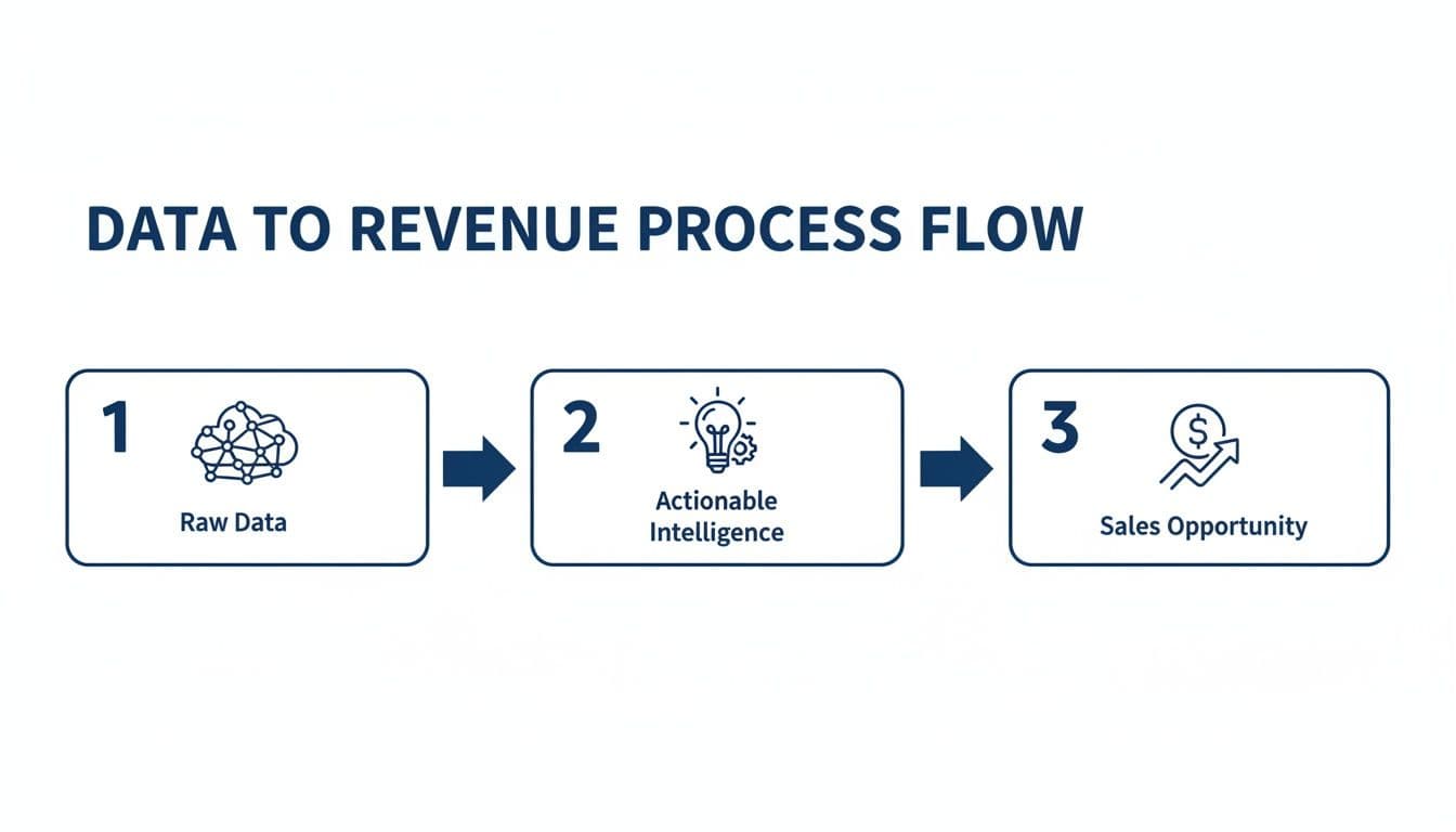 A process flow diagram showing data transforming into revenue via actionable intelligence and sales opportunities.