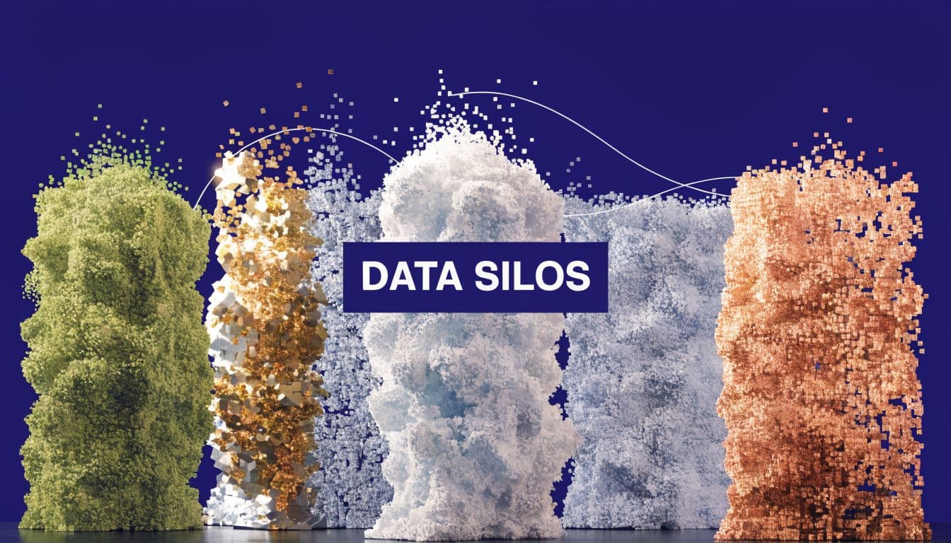 A digital graphic depicting five abstract, towering structures representing data silos made of scattered colorful cubes.