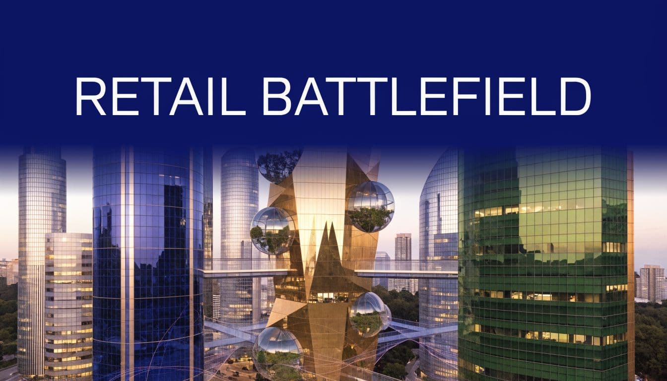 Futuristic gold skyscraper with glass spheres surrounded by modern city buildings against a blue sky.