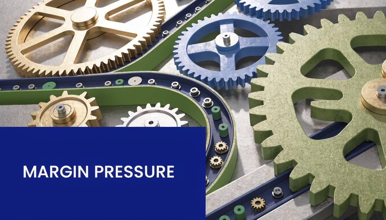 A close-up of interconnected mechanical gears and a conveyor belt with the text Margin Pressure.