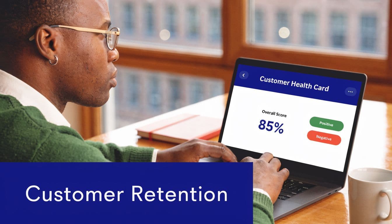 A professional analyzing customer health metrics and retention data on a laptop screen in an office setting.