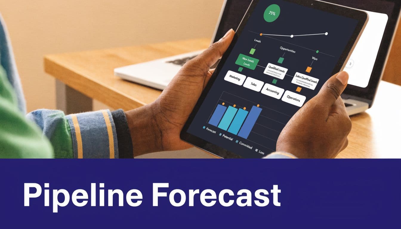 A professional analyzing a pipeline forecast chart showing sales leads, opportunities, and business metrics on a tablet.
