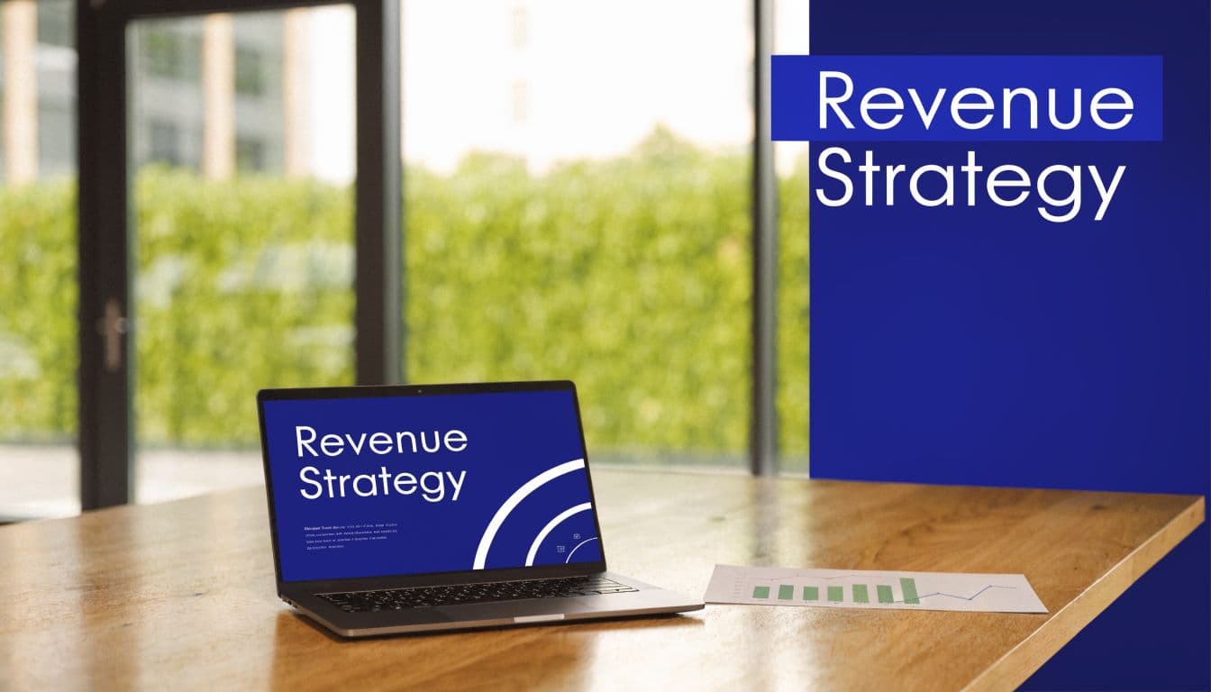 A modern laptop displaying a Revenue Strategy presentation on a desk with a business chart document.