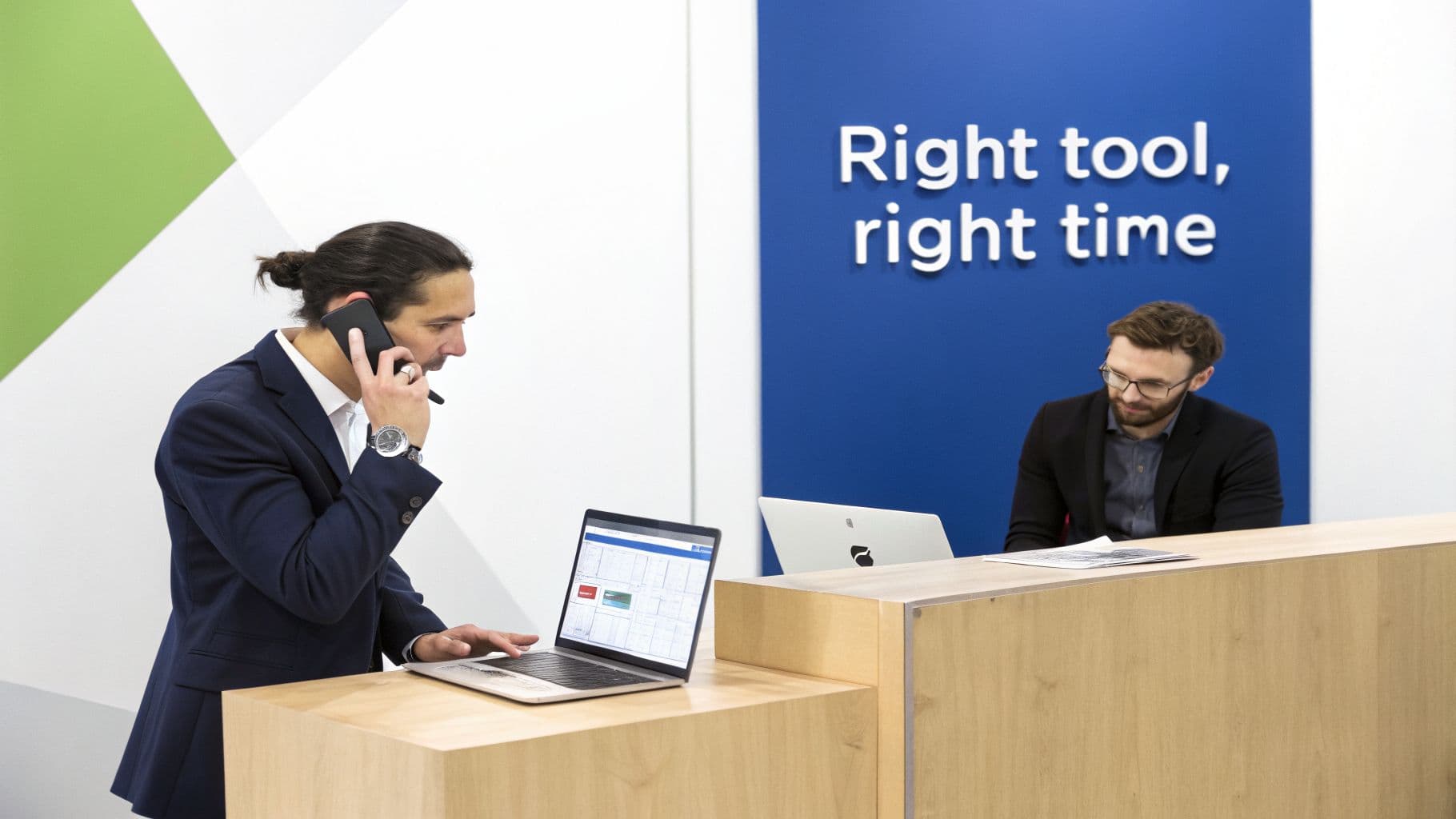 Two professionals in an office, one on a phone call while working on a laptop.