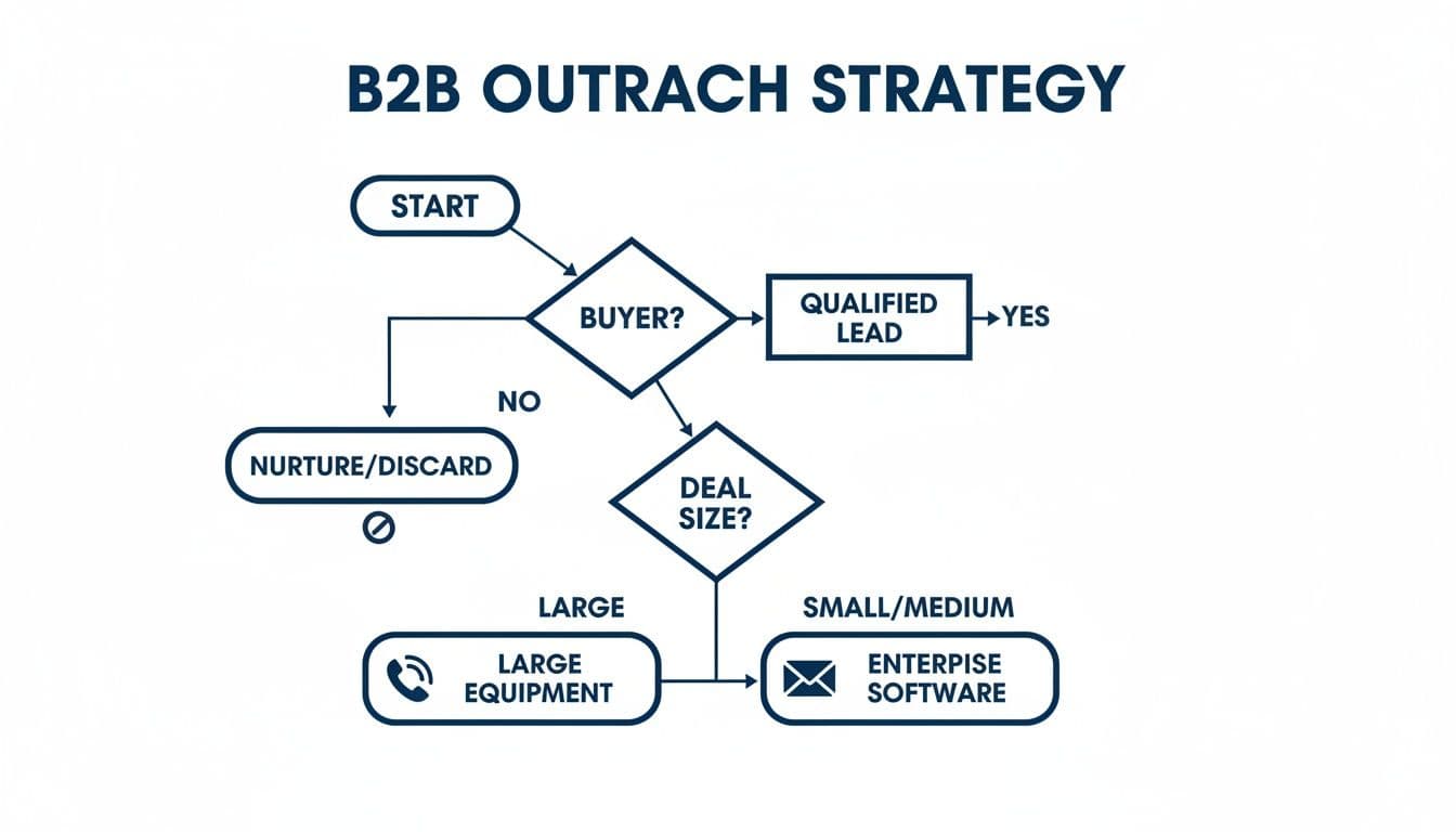 A B2B outreach strategy flowchart illustrating lead qualification, deal size, and communication channels.
