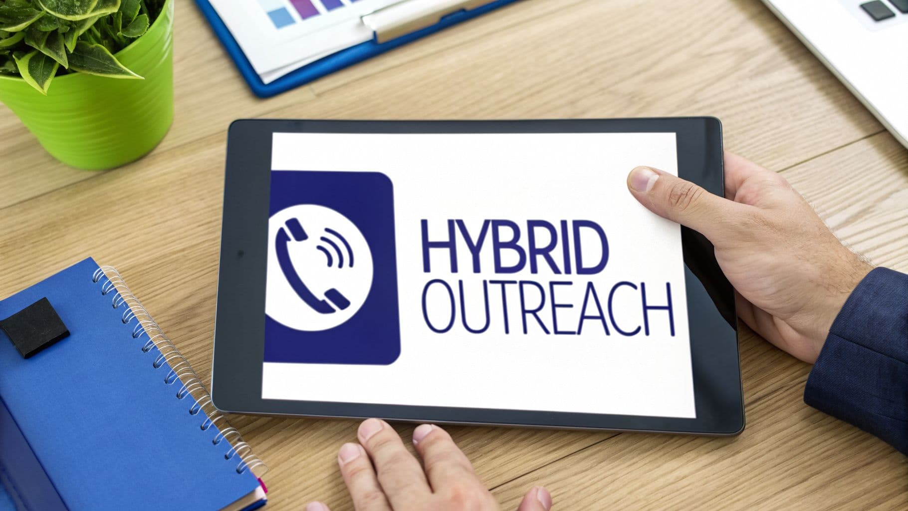 A person holds a tablet displaying 'HYBRID OUTREACH' and a phone icon on a wooden desk.
