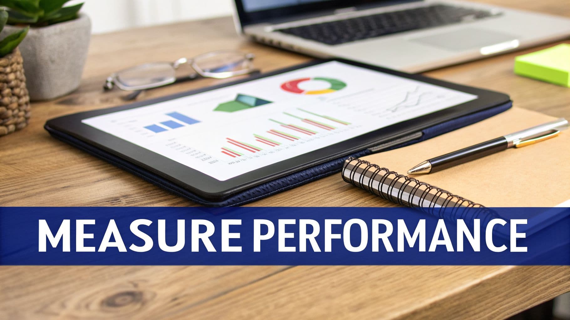 Tablet displaying business performance charts and graphs on a desk with a blue banner.