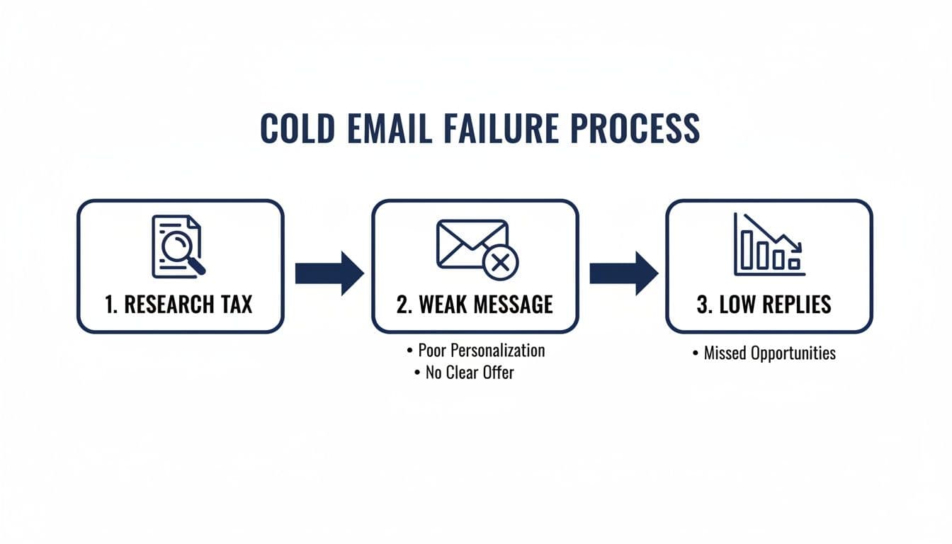 Flowchart illustrating the cold email failure process: research tax, weak message, and low replies.
