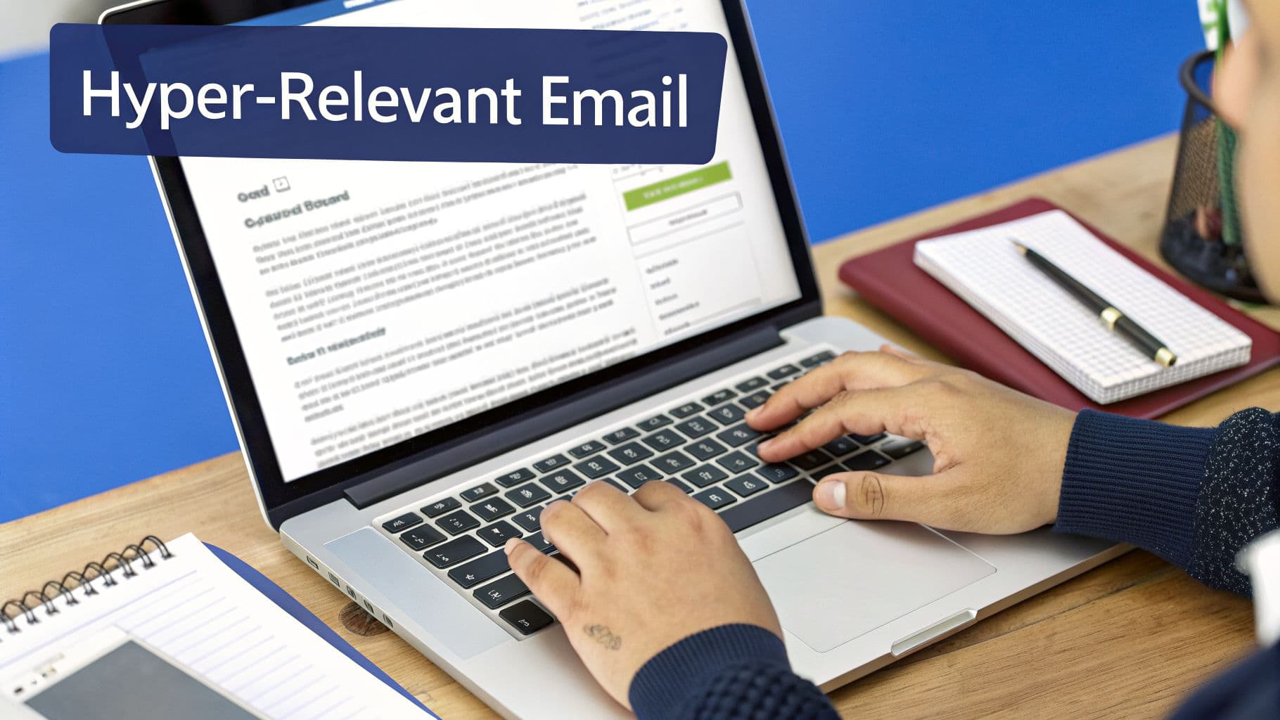 Hands typing on a laptop displaying an email interface with 'Hyper-Relevant Email' text overlay.