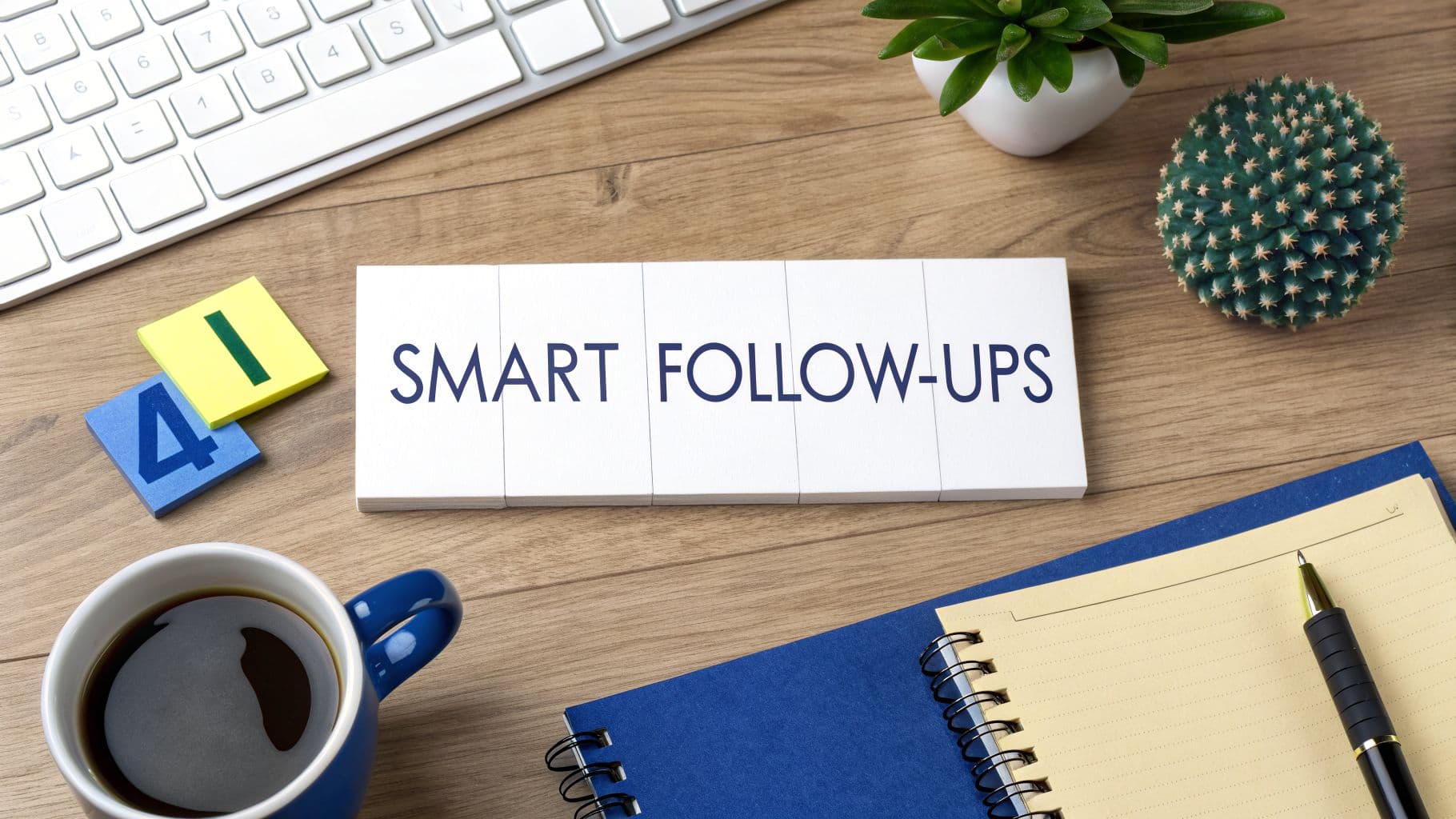 Desk flat lay with 'SMART FOLLOW-UPS' text on blocks, coffee mug, keyboard, and notebook.