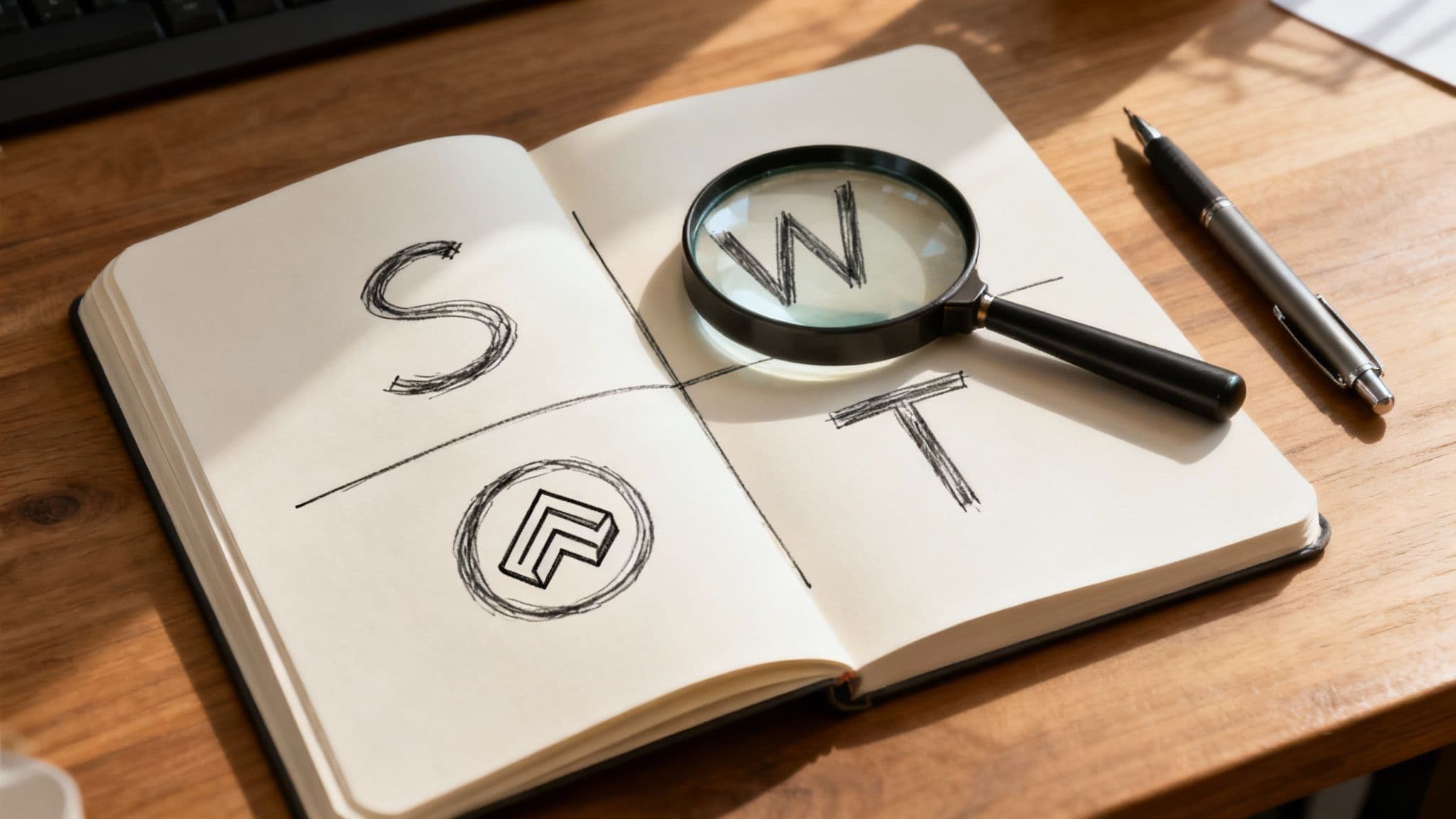 A four-quadrant SWOT analysis grid with icons for Strengths, Weaknesses, Opportunities, and Threats