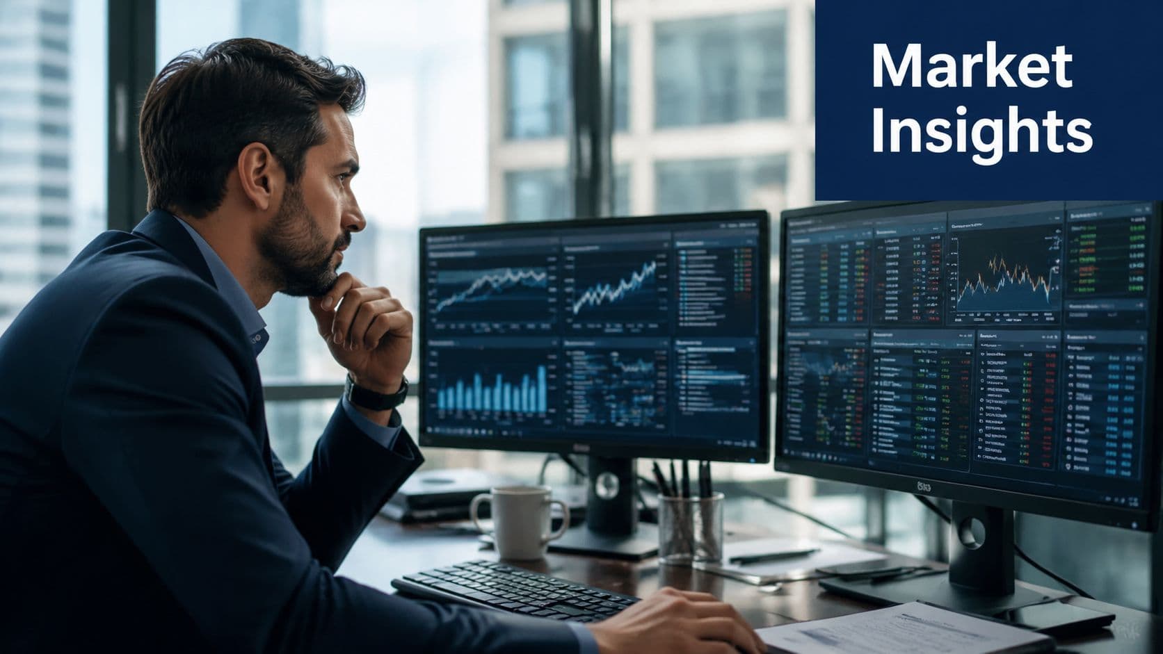 A professional financial analyst sitting at a desk and reviewing market trends on multiple computer monitors.