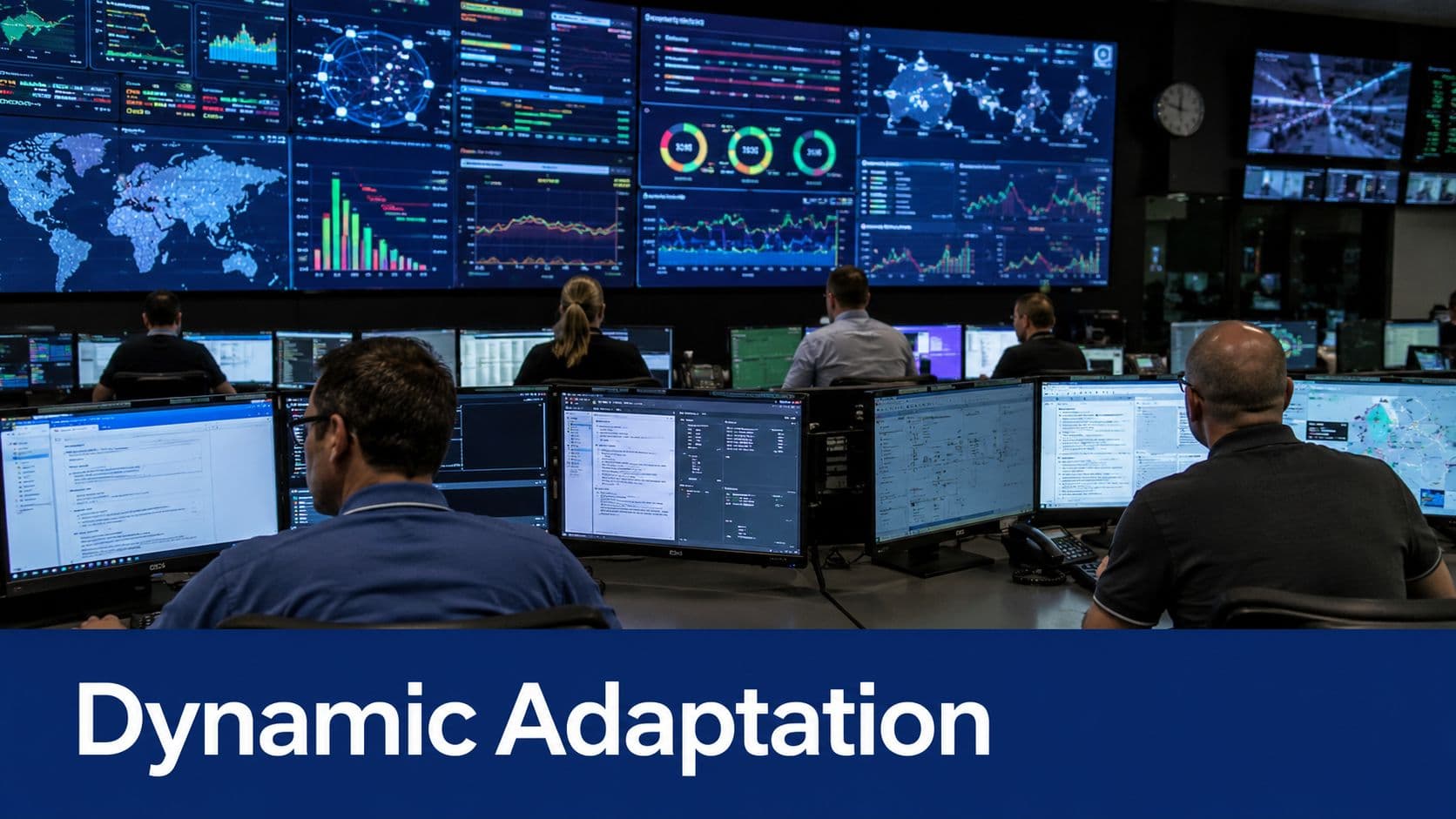 A professional security operations center with team members working at desks in front of large wall screens.