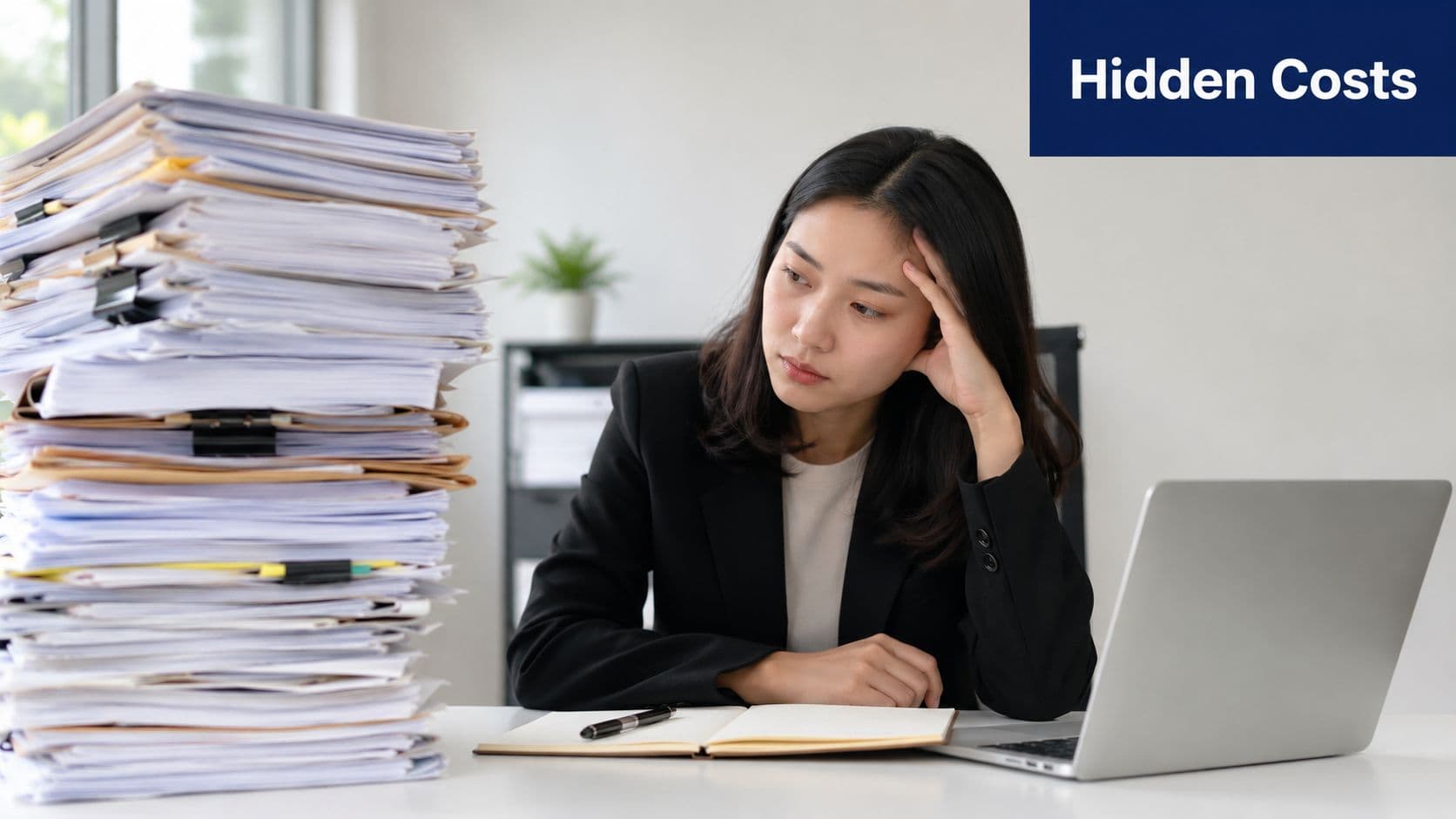 A stressed businesswoman looking at a massive, overwhelming pile of paperwork on her office desk.