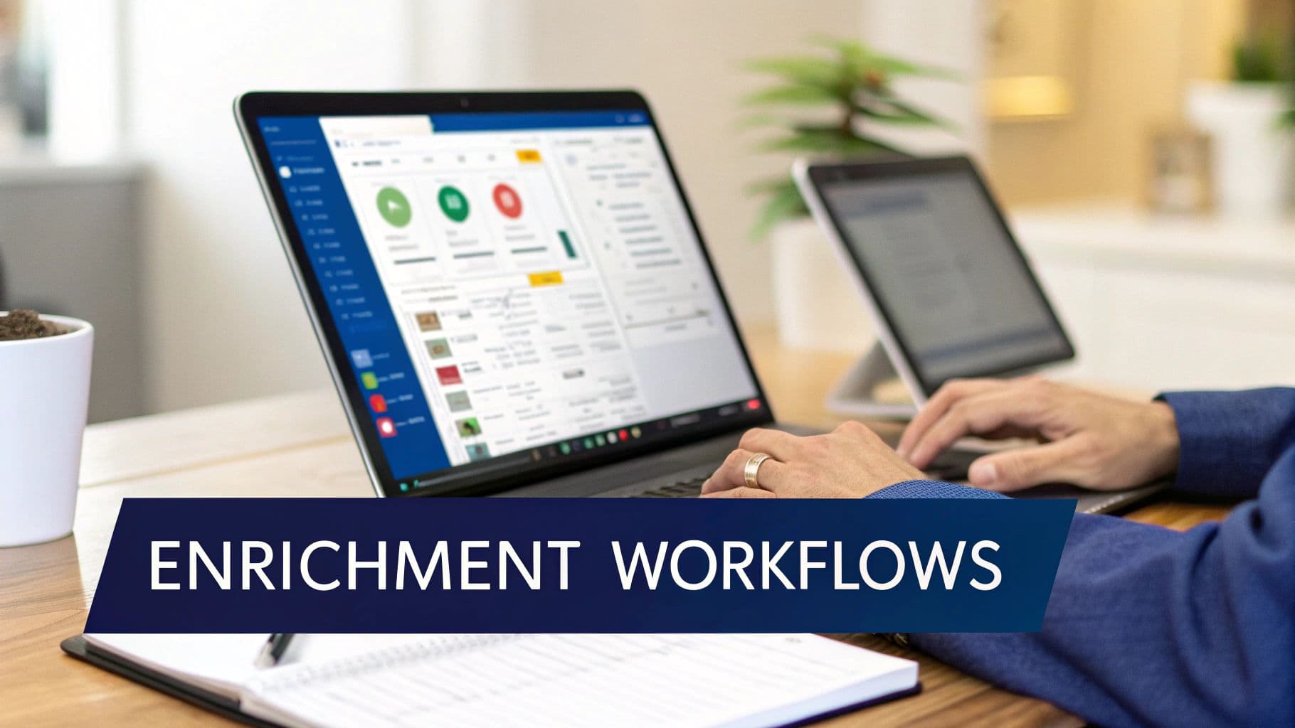 A person works on a laptop showing a CRM data management application, with an "ENRICHMENT WORKFLOWS" banner.