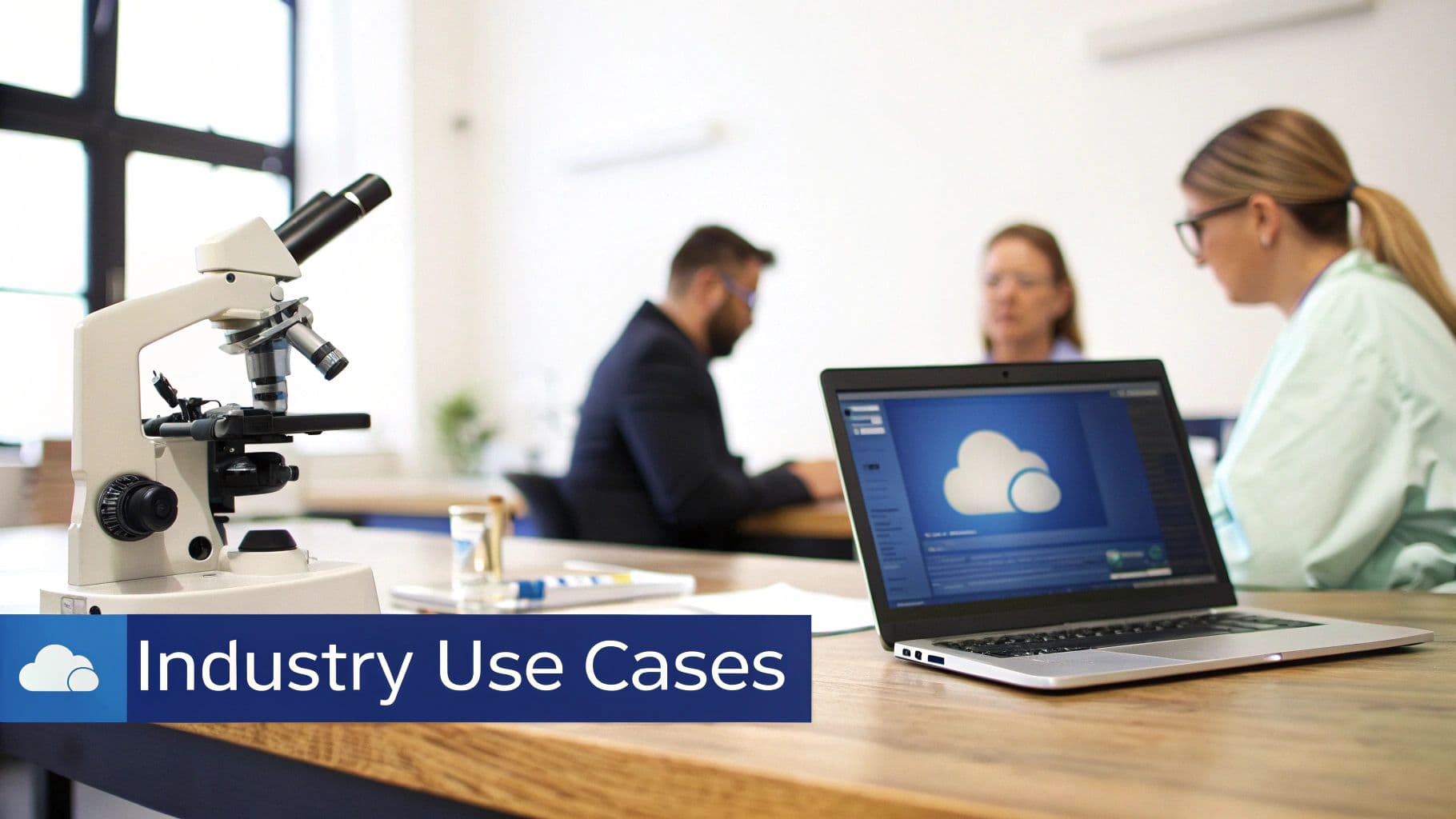 A microscope, a laptop displaying a cloud icon, and people in a medical or laboratory setting.