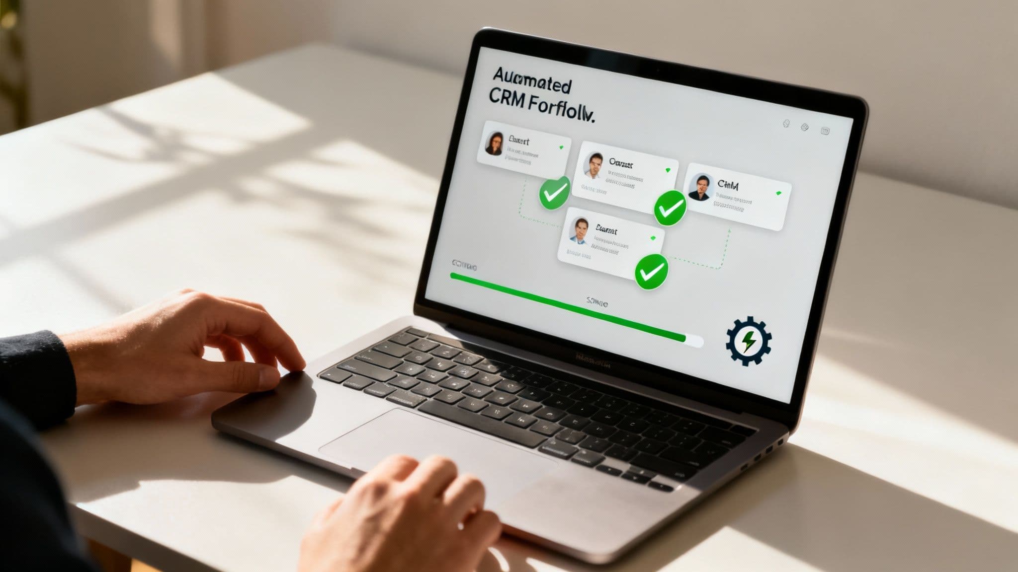 A streamlined workflow diagram showing data flowing into a CRM and being automatically cleaned and organized.
