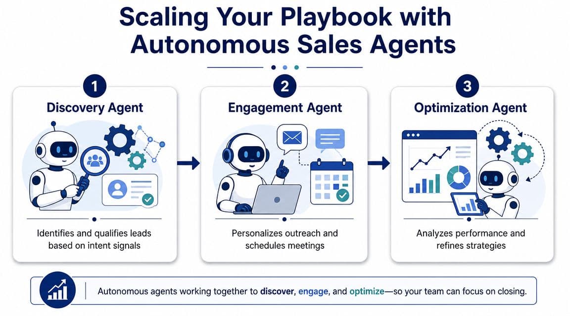 A diagram illustrating three autonomous sales agents: Discovery, Engagement, and Optimization, streamlining the sales prospecting process.