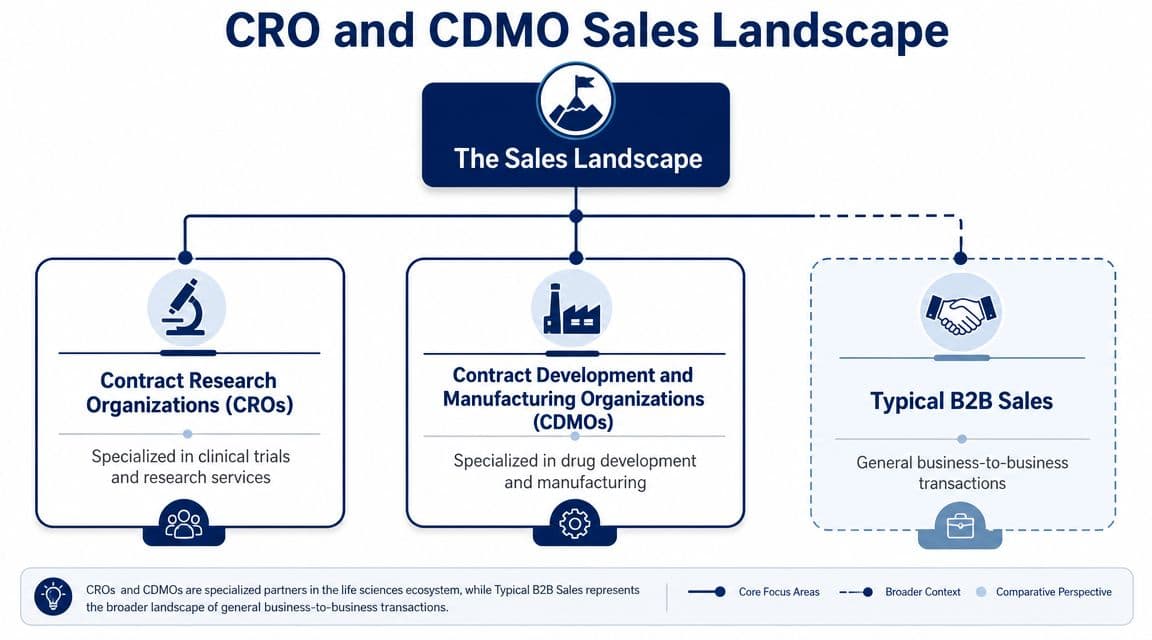 A diagram illustrating the CRO and CDMO sales landscape in comparison to typical B2B sales processes.