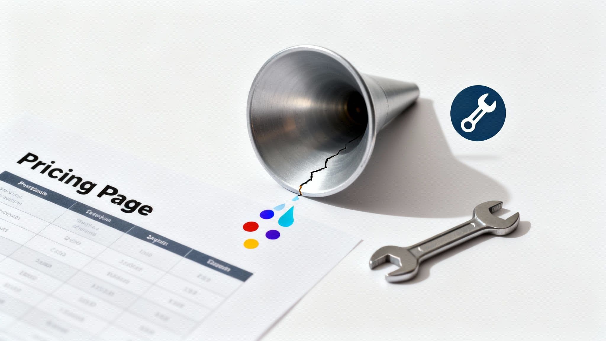 A magnifying glass hovering over a funnel, highlighting cracks where water is leaking out.