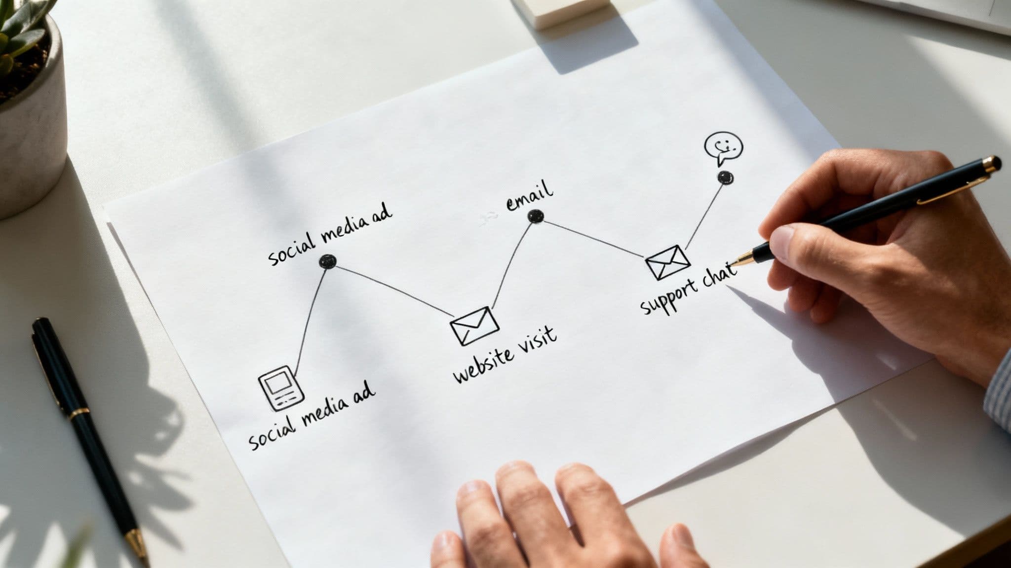 A team collaborating on a customer journey map on a whiteboard with sticky notes.