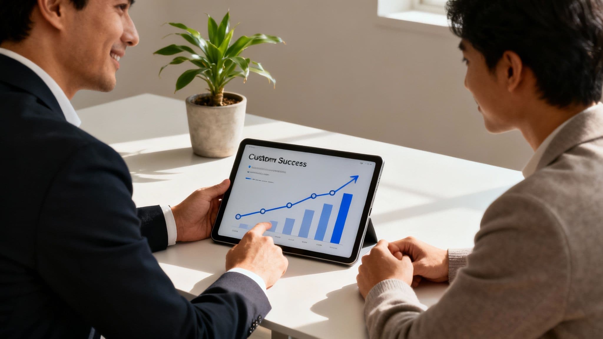 Two smiling businessmen discuss customer success strategies shown on a tablet with a rising graph.