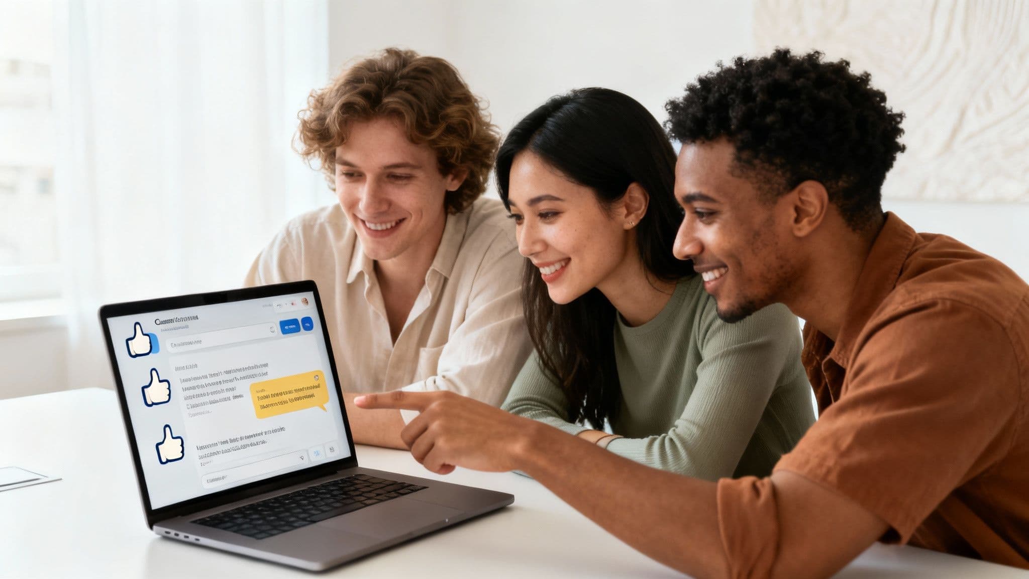 Three diverse young people smiling and pointing at a laptop screen displaying a customer feedback chat.
