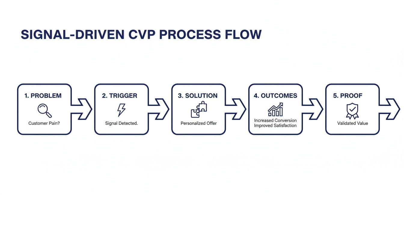 A signal-driven customer value proposition process flow diagram with five steps: problem, trigger, solution, outcomes, and proof.