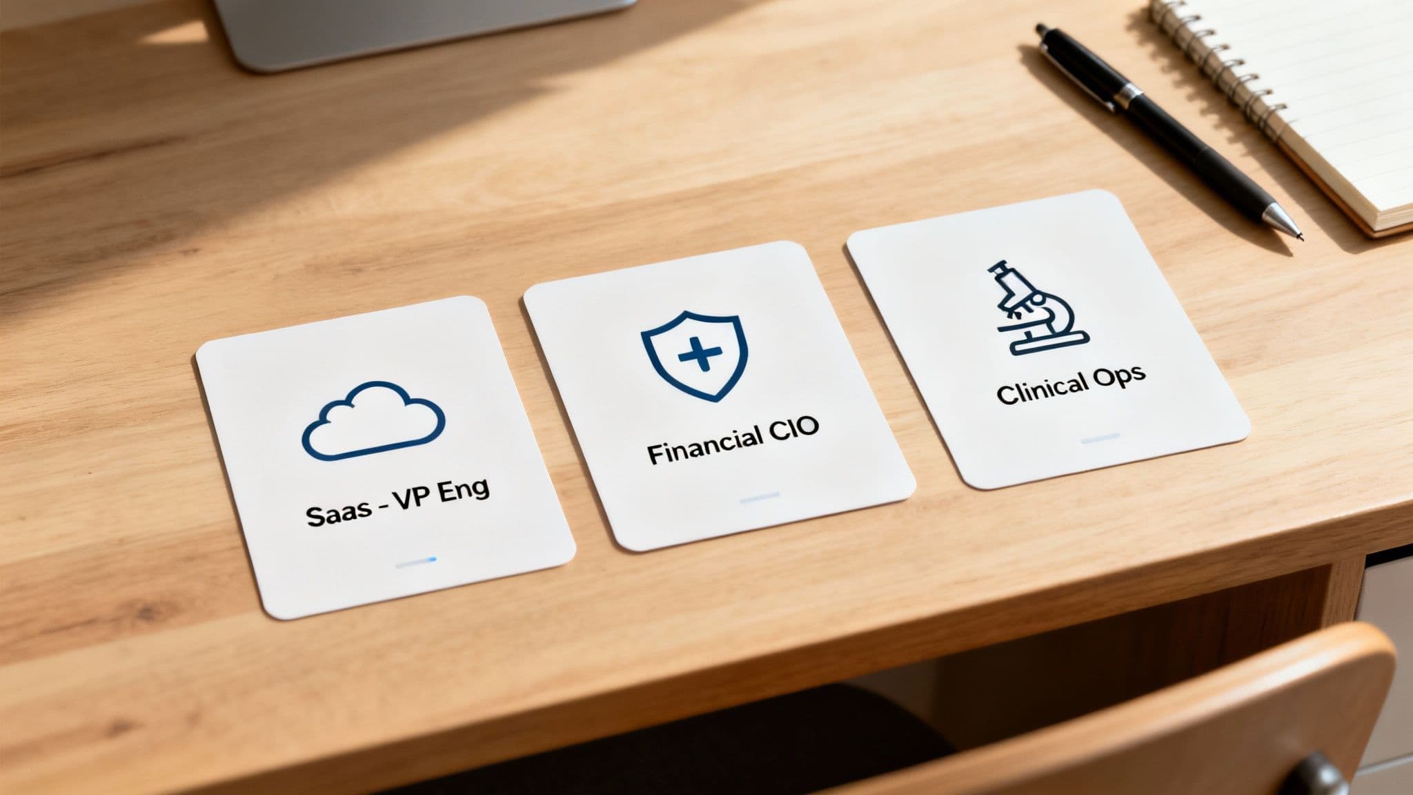 Three white cards displaying professional roles: Saas - VP Eng, Financial CIO, and Clinical Ops.