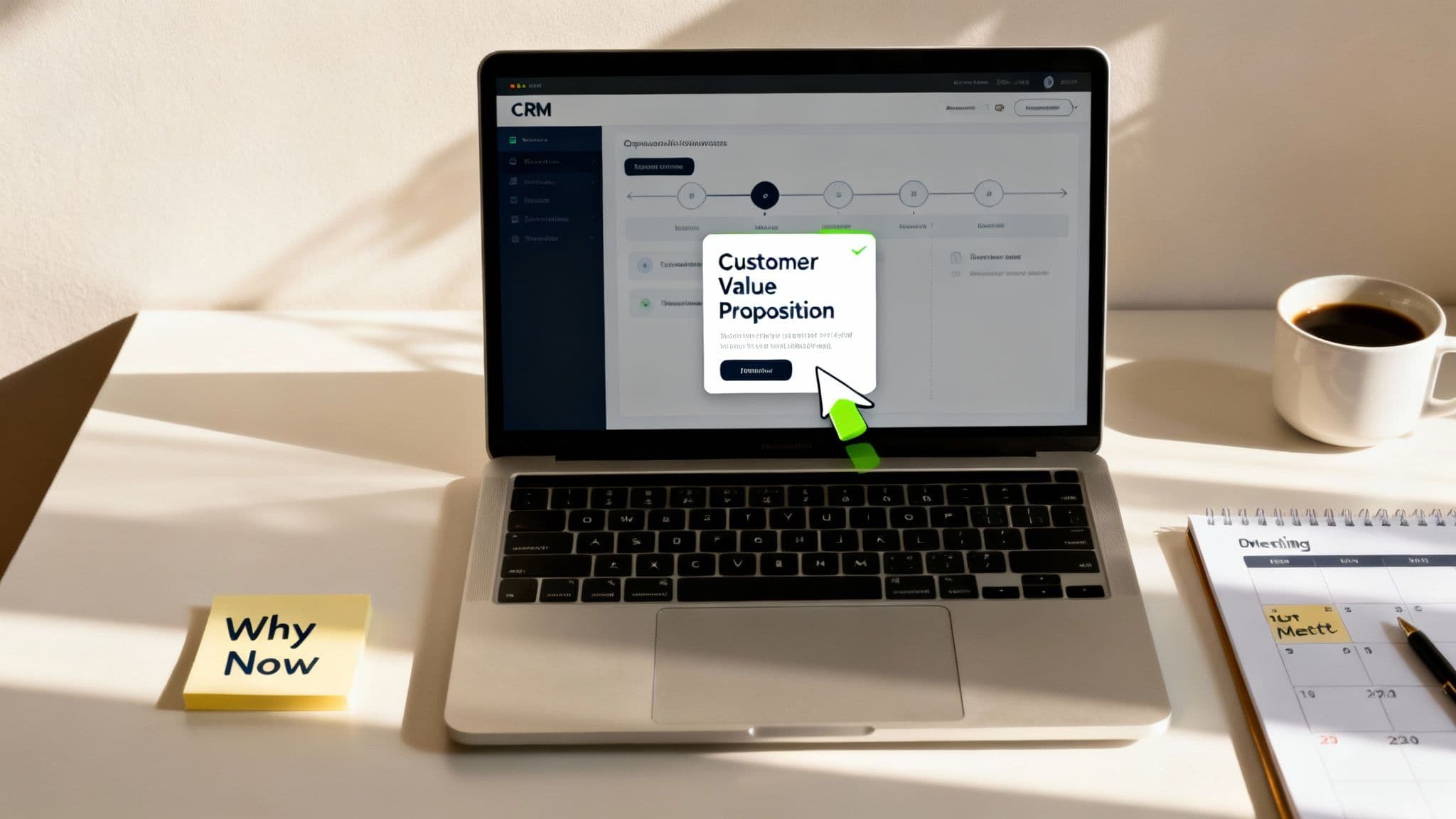 Laptop displaying CRM with 'Customer Value Proposition' pop-up, a coffee mug, and 'Why Now' sticky note on a sunny desk.