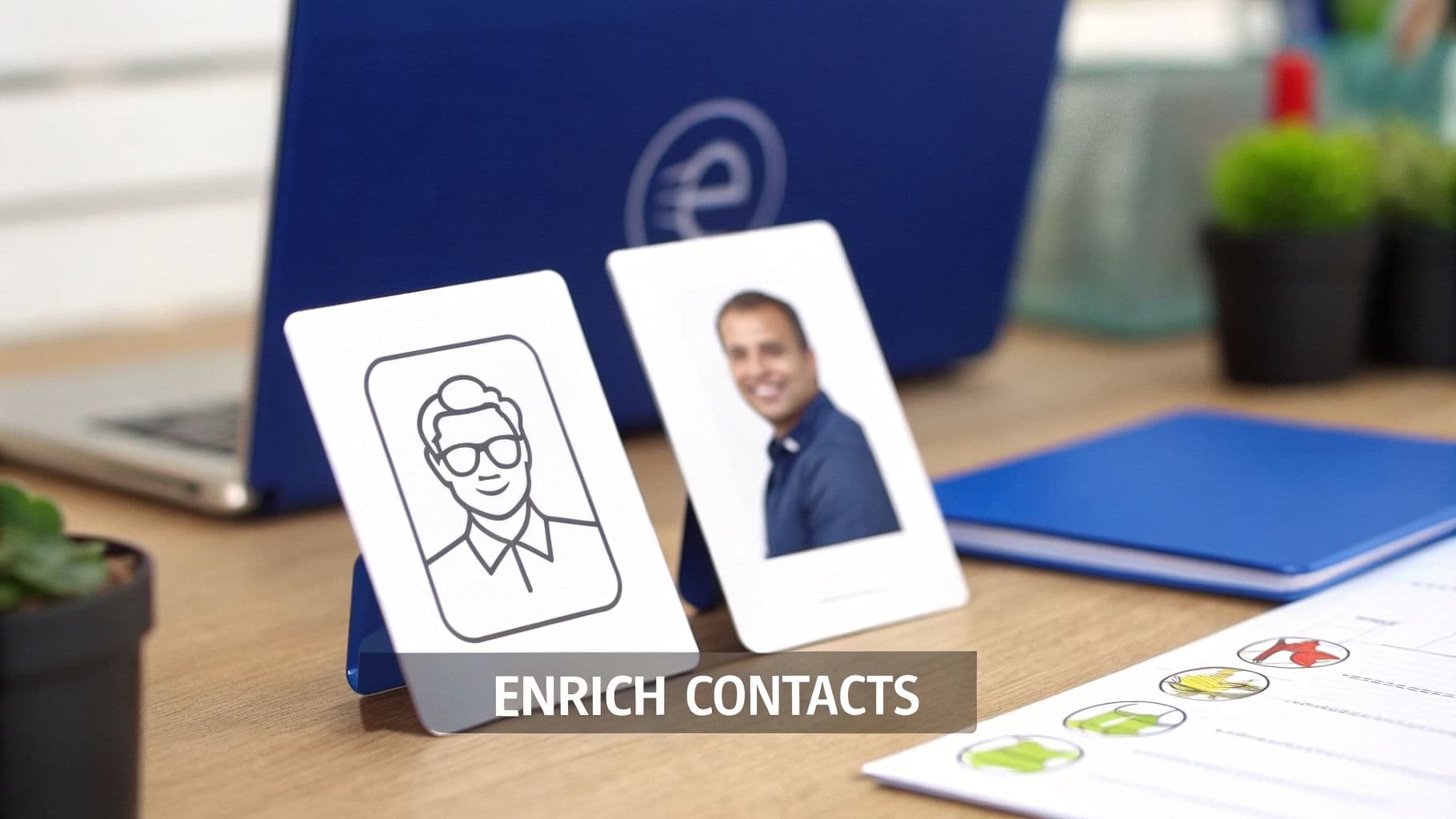 Two contact cards, one with an icon and one with a photo, on a desk with a laptop.