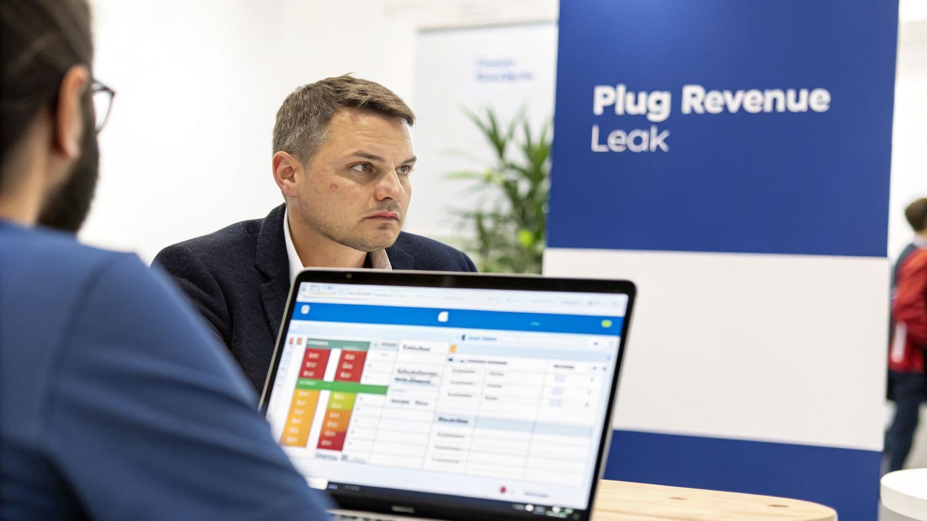 Two men discussing data on a laptop, with a "Plug Revenue Leak" banner in the background.