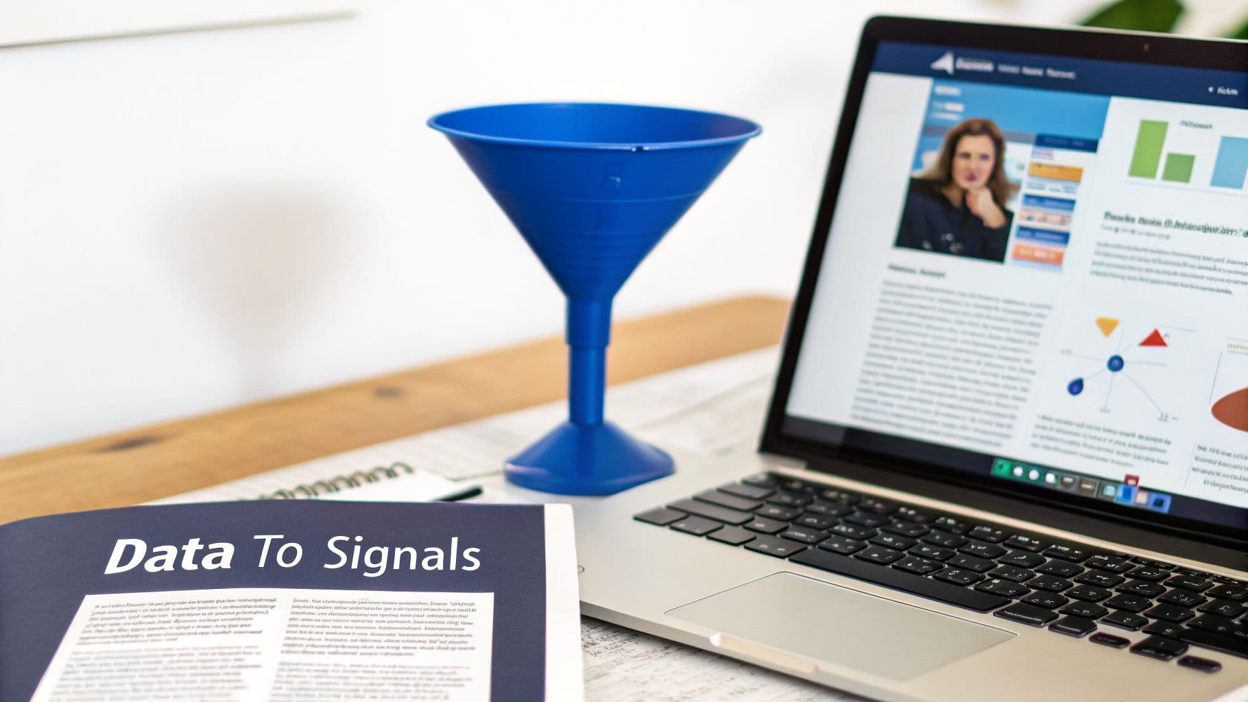 A blue data funnel on a desk next to a laptop displaying business charts and a data analysis report.