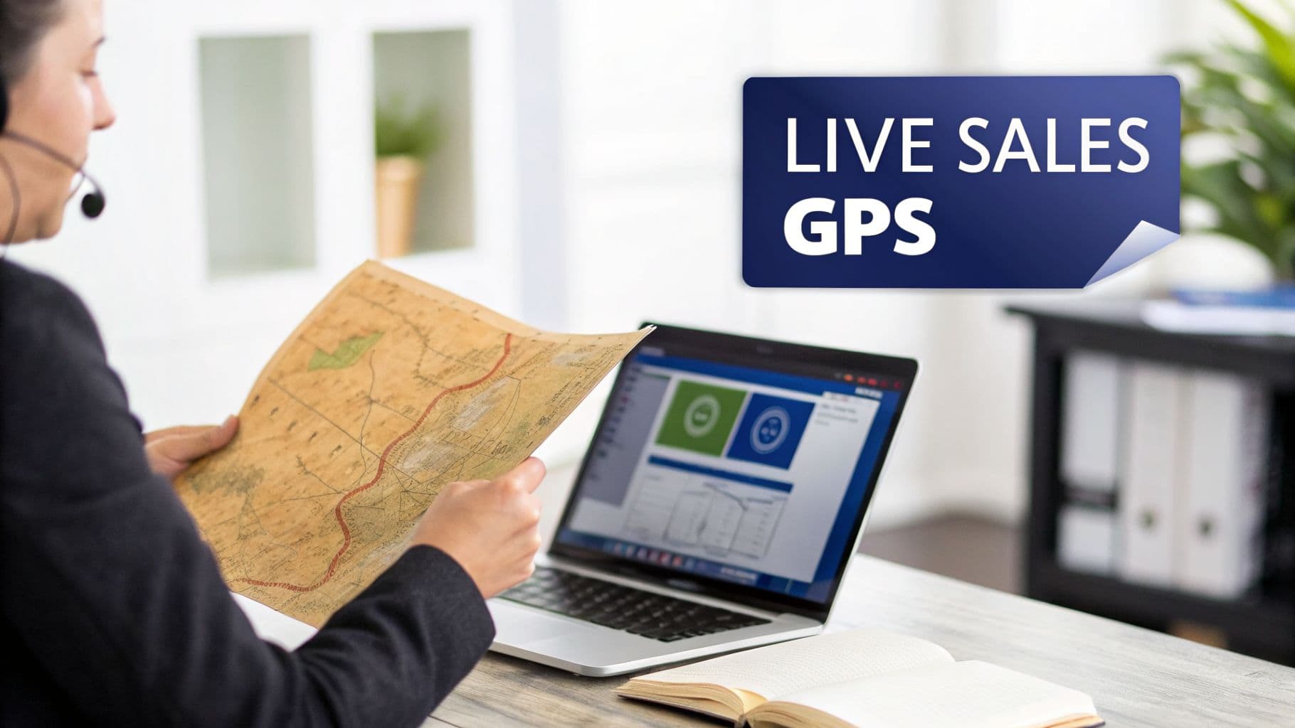 A person with a headset reviews a physical map while using a laptop displaying data, alongside a "LIVE SALES GPS" banner.